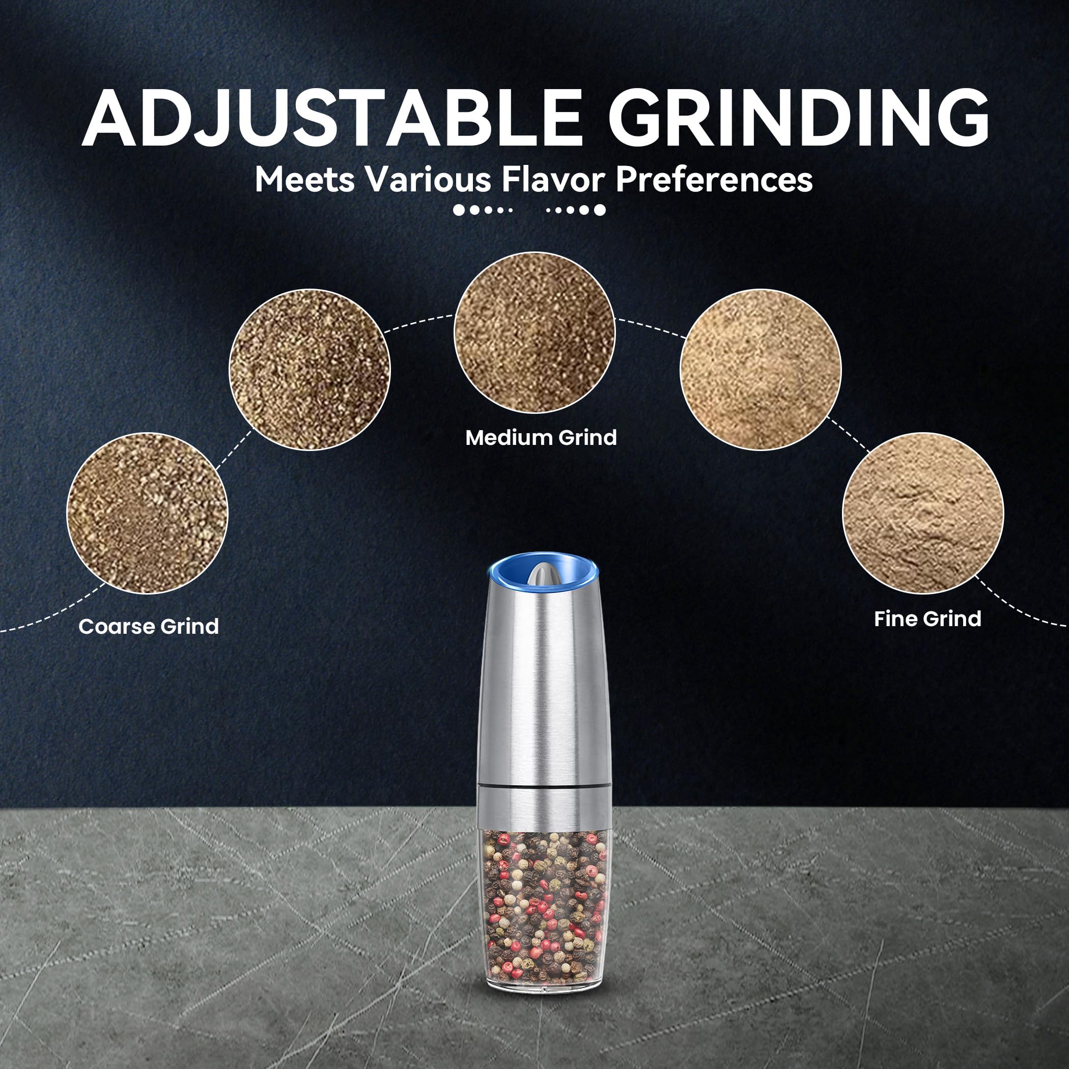 UNNEES Gravity Electric Salt and Pepper Grinder set of 2, Automatic Salt And Pepper Grinder Set, Adjustable Roughness, Battery Powered, LED Light, 2 Pack, (Black)