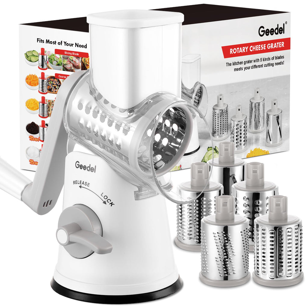 Geedel Rotary Cheese Grater, Kitchen Mandoline Vegetable Slicer with 3 Interchangeable Blades, Easy to Clean Grater for Fruit, Vegetables, Nuts