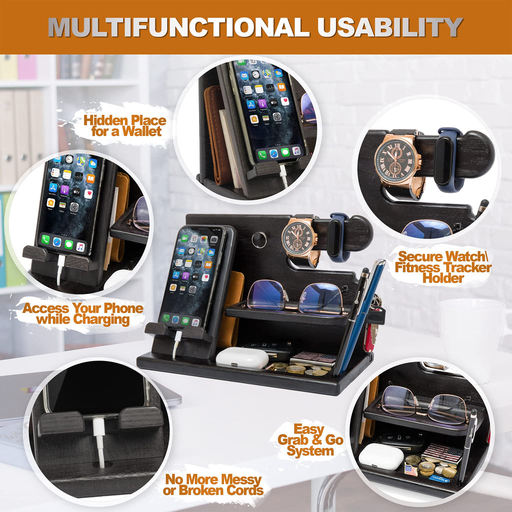 TESLYAR Wood Phone Docking Station for Men - Desk or Nightstand Organizer - Birthday Gifts for Husband, Dad - Anniversary Idea from Wife - Key Holder, Stand Wallet, Watch & Essentials (Bourbon Brown)