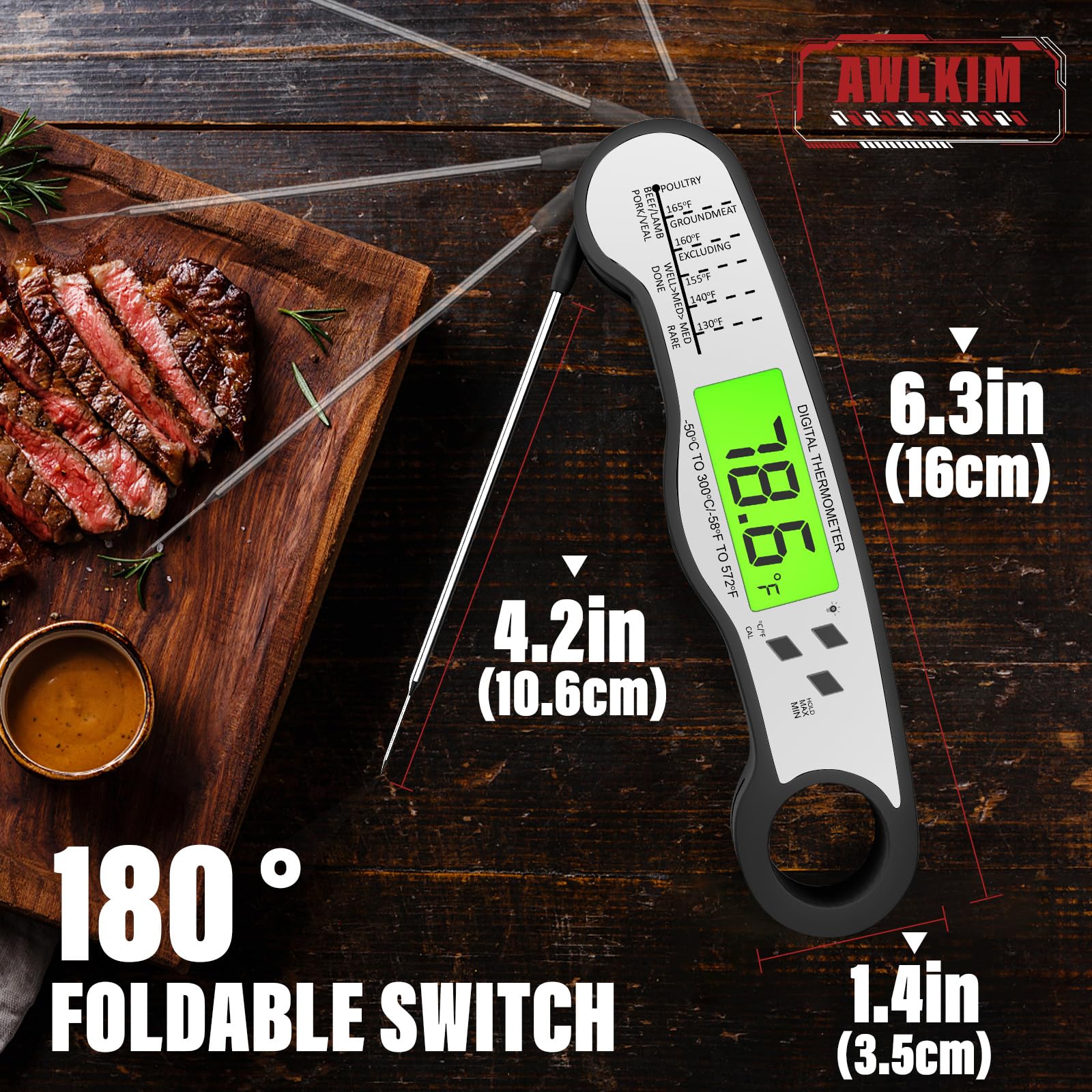 AWLKIM Meat Thermometer Digital - Instant Read Waterproof Food Thermometer with Backlight for Cooking, Grill, Candy, Kitchen & Stocking Stuffers for Men - Red