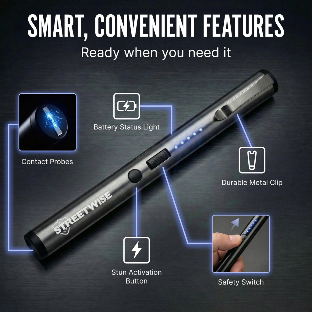 Streetwise Pain Pen 25,000,000 Volts Stun Gun for Self Protection - Tactical Stun Pen for Women and Men, USB Rechargeable, Battery Indicator, Durable Clip, Compact and Concealable for Protection