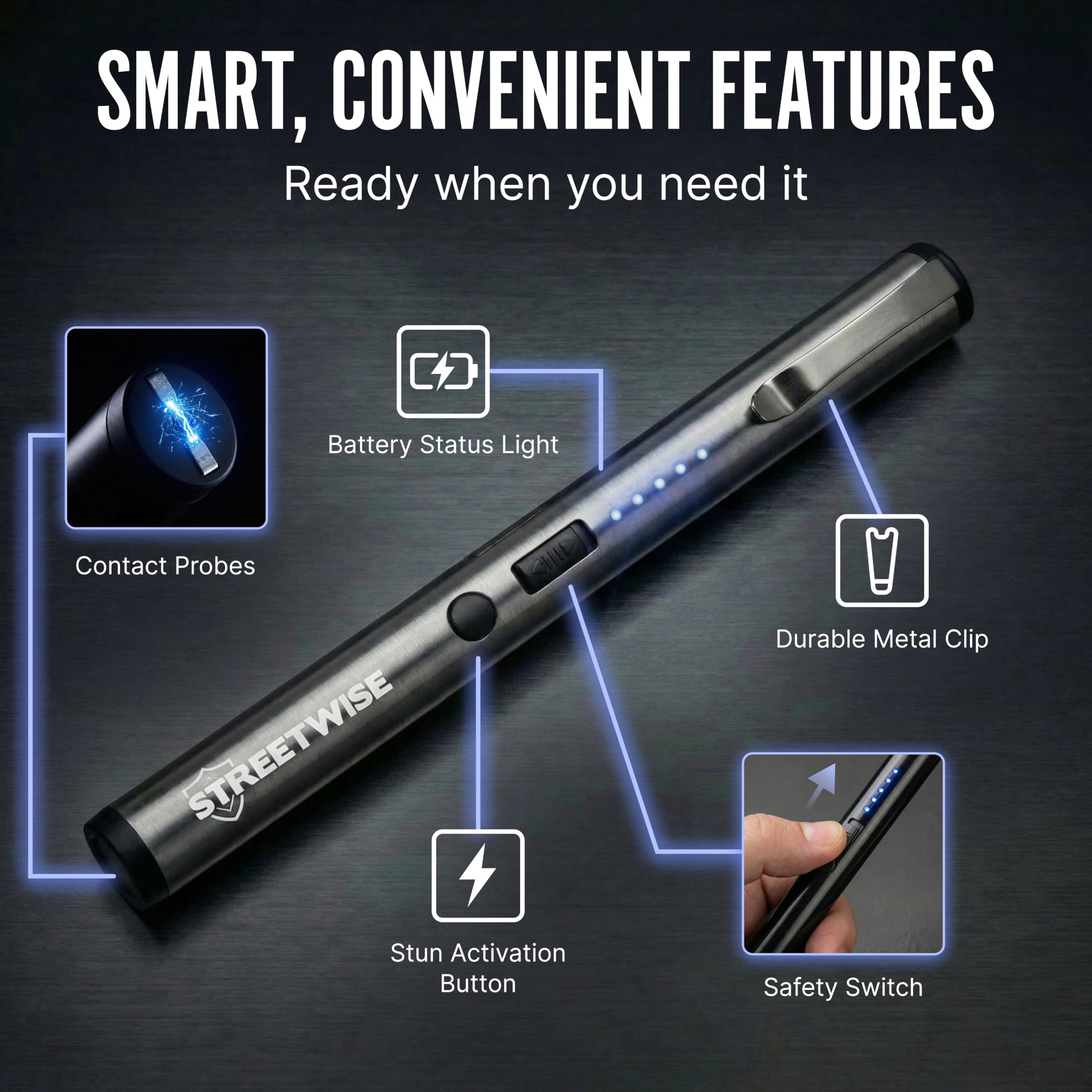 Streetwise Pain Pen 25,000,000 Volts Stun Gun for Self Protection - Tactical Stun Pen for Women and Men, USB Rechargeable, Battery Indicator, Durable Clip, Compact and Concealable for Protection