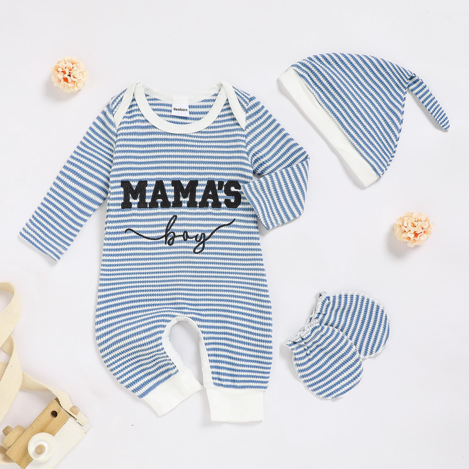 GRNSHTS Newborn Baby Boy Romper Coming Home Outfits Letter Print Bodysuit Jumpsuit+Hat+Gloves 3PCS Clothes Set