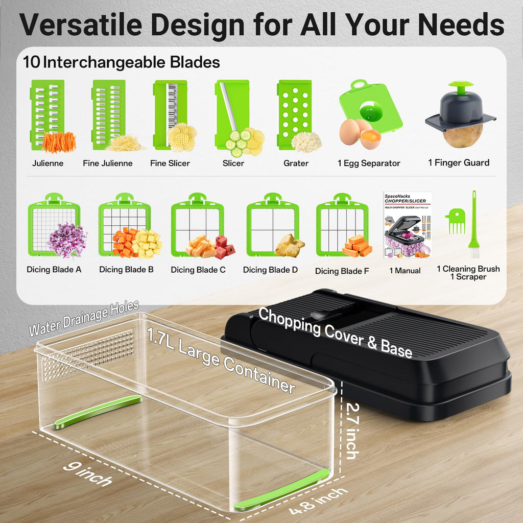SpaceHacks 12-in-1 Vegetable Chopper, Kitchen Gadgets with 7 Blades, Veggie, Food, Onion Chopper, Cucumber Slicer, Versatile Mandoline, Includes Egg Separator & Finger Guard, Gray