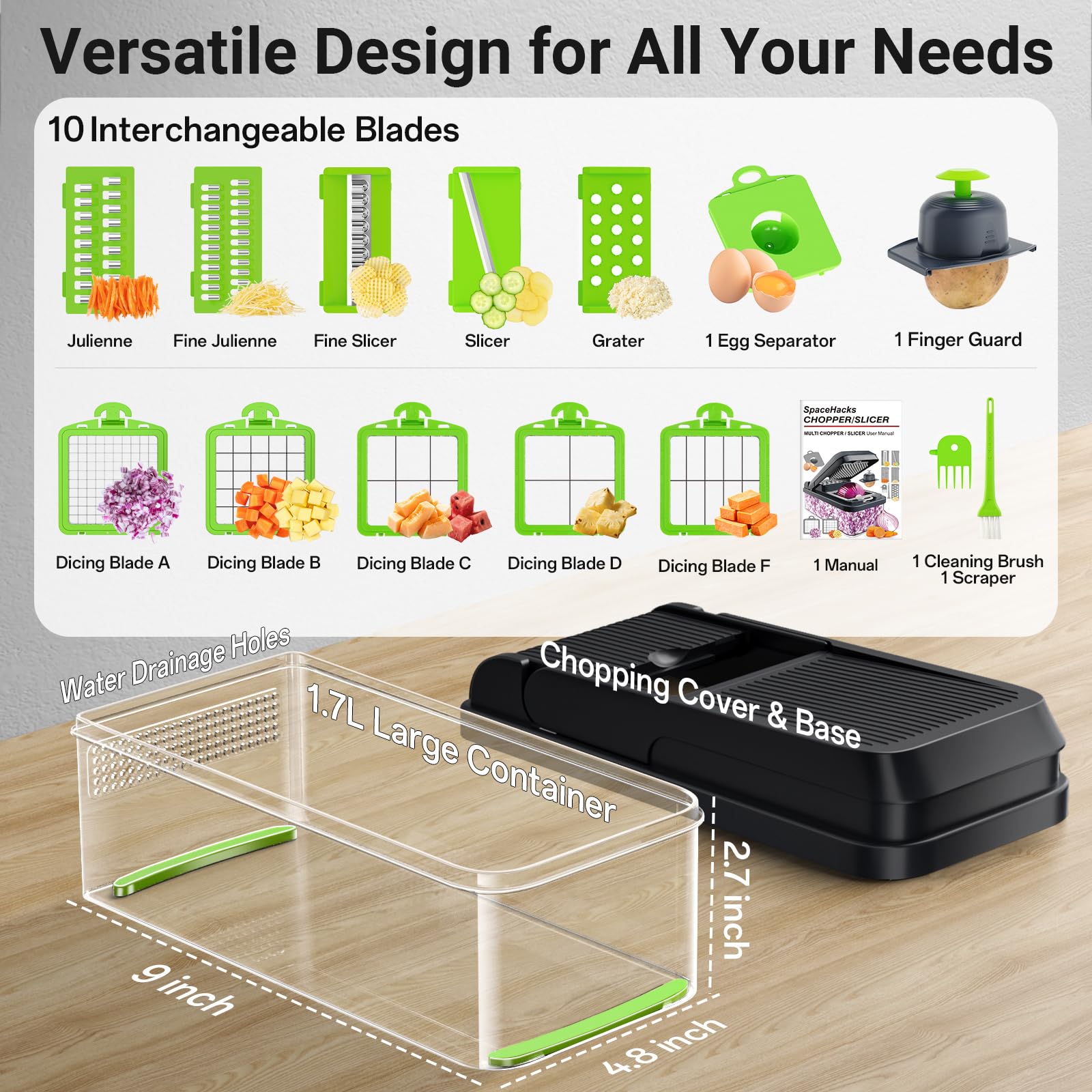 SpaceHacks 12-in-1 Vegetable Chopper, Kitchen Gadgets with 7 Blades, Veggie, Food, Onion Chopper, Cucumber Slicer, Versatile Mandoline, Includes Egg Separator & Finger Guard, Gray