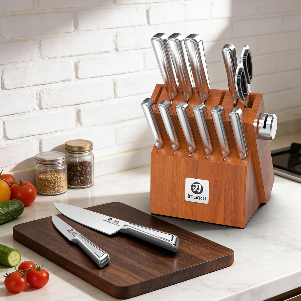 imarku 14-Piece Knife Set, Japanese Stainless Steel Knives Set for Kitchen, Full-Tang Gyutou Knife Sets with Block and Build-in Sharpener, Brown, Dishwasher Safe, House Warming Gifts for Mom