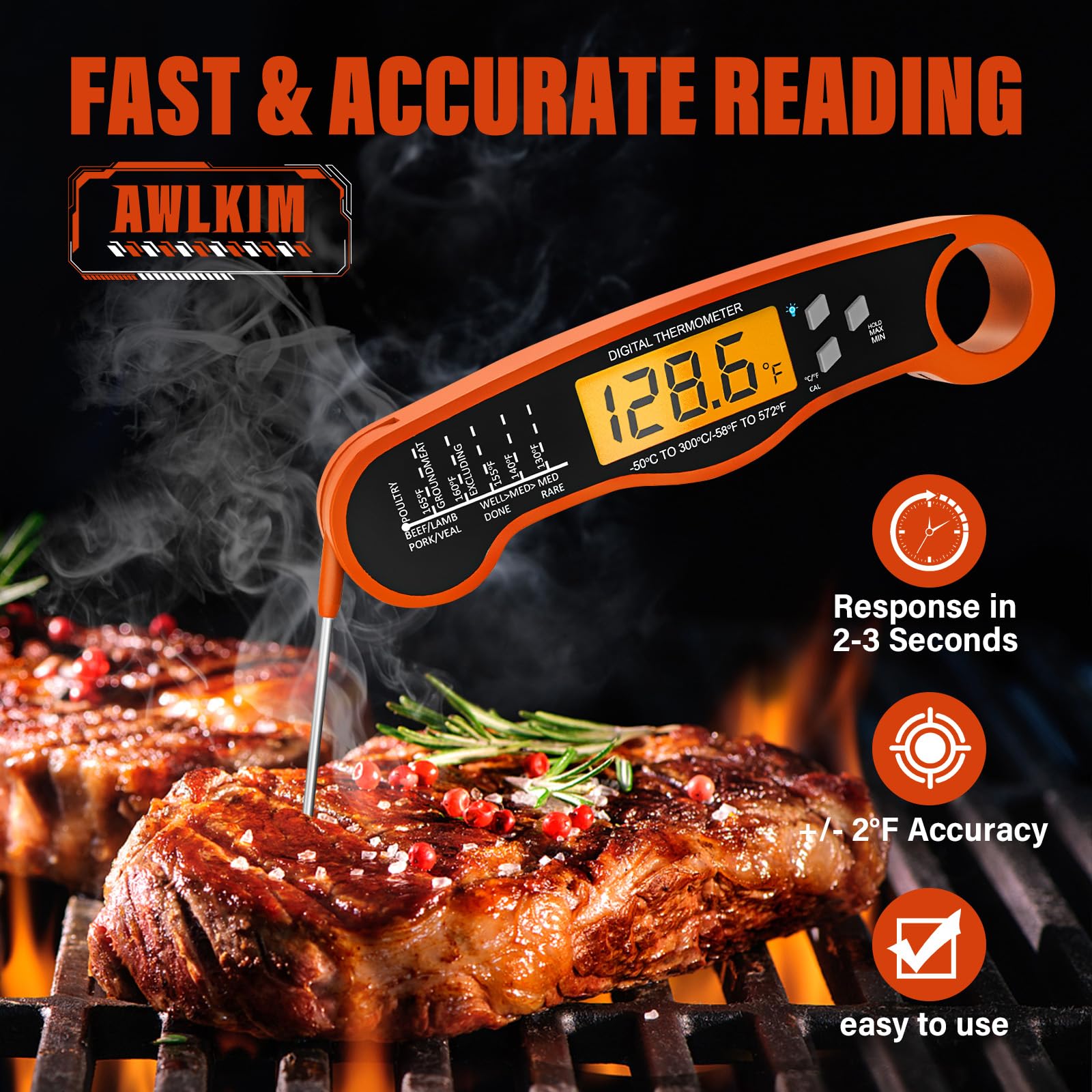 AWLKIM Meat Thermometer Digital - Instant Read Waterproof Food Thermometer with Backlight for Cooking, Grill, Candy, Kitchen & Stocking Stuffers for Men - Red