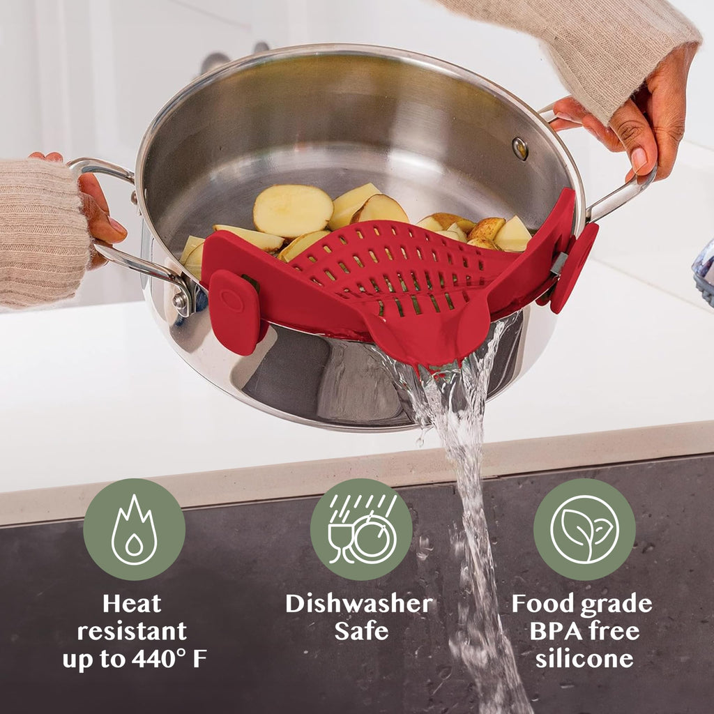 Kitchen Gizmo Snap N' Strain - Silicone Pasta Strainer Clip-On for Pots and Pans - Heat Resistant Colander for Vegetables and Noodles - Kitchen Gadgets for Cooking - Space-Saving Design - Gray