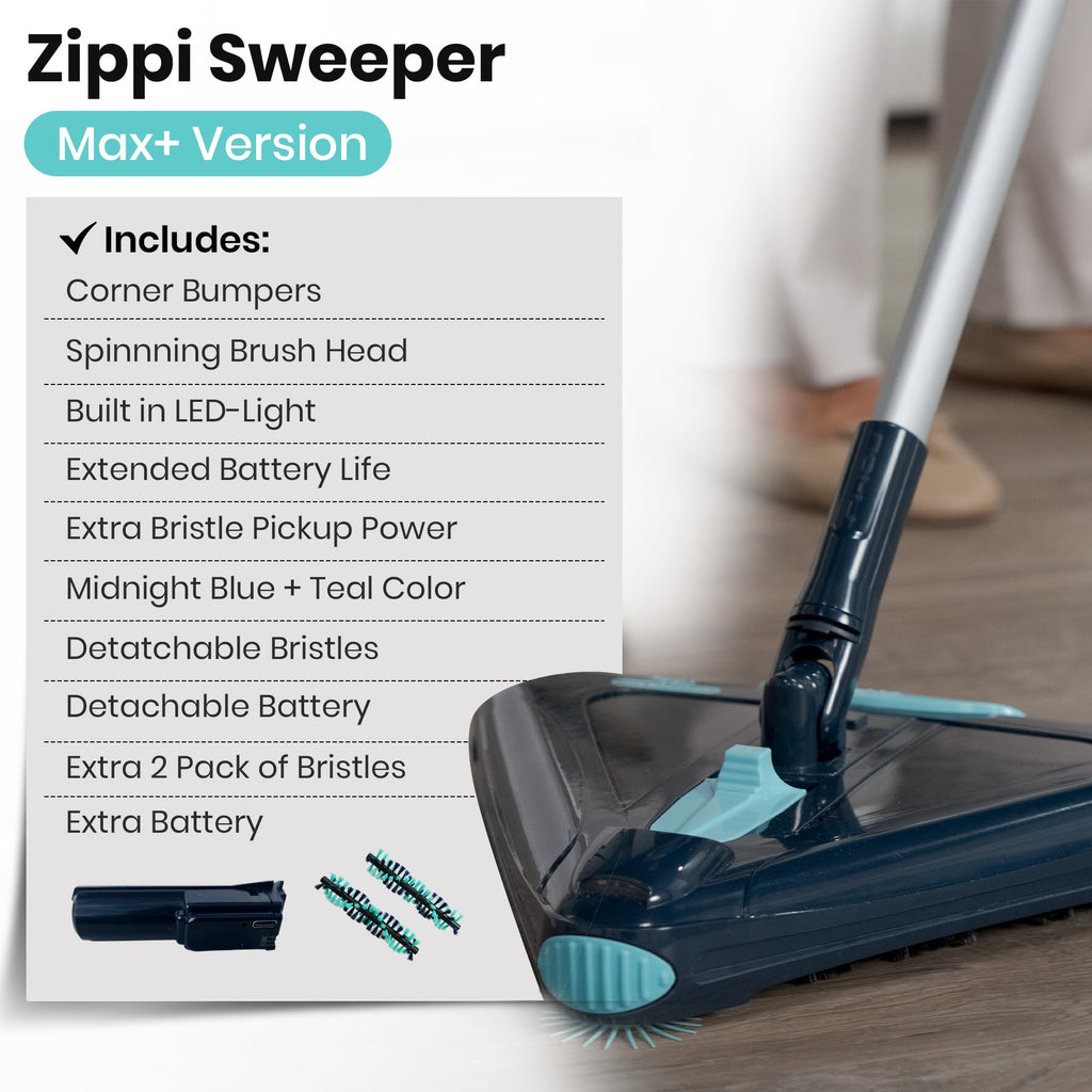 Zippi Sweeper Standard - 2025 New and Improved Lightweight Sweeper, Perfect for Short Carpet Hardwood and Tile, Triangular Design Allows for Sweeping in Corners, 30 Minutes Cleaning Time