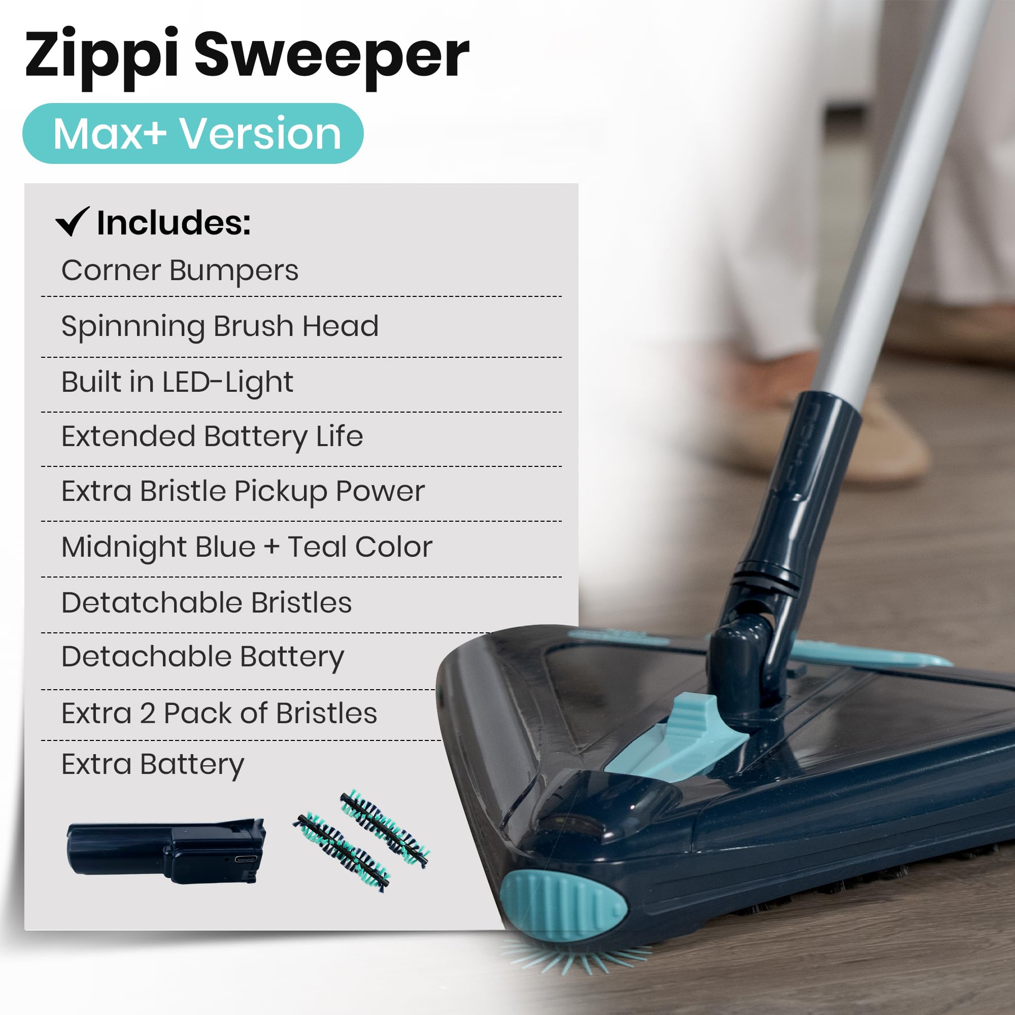Zippi Sweeper Standard - 2025 New and Improved Lightweight Sweeper, Perfect for Short Carpet Hardwood and Tile, Triangular Design Allows for Sweeping in Corners, 30 Minutes Cleaning Time