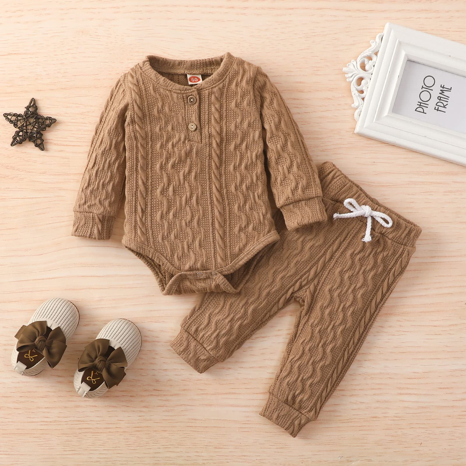 Newborn Baby Boy Girl Clothes Ribbed Knitted Cotton Long Sleeve Romper Long Pants Solid Color Fall Winter Outfits