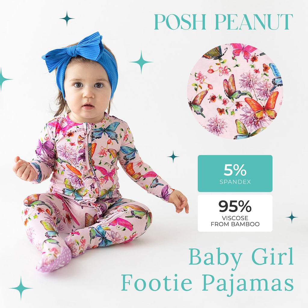 Posh Peanut Footie Pajamas for Baby Girls – Sleepers in Ultra-Soft Viscose from Bamboo with 2-Way Zipper & Ruffle Trim