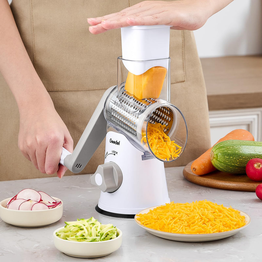 Geedel Rotary Cheese Grater, Kitchen Mandoline Vegetable Slicer with 3 Interchangeable Blades, Easy to Clean Grater for Fruit, Vegetables, Nuts