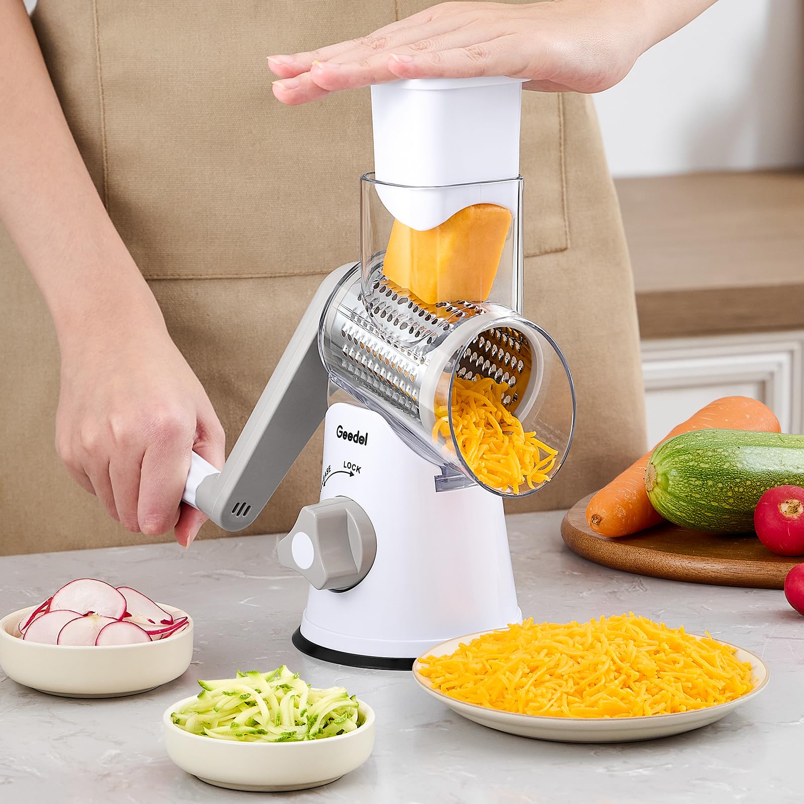 Geedel Rotary Cheese Grater, Kitchen Mandoline Vegetable Slicer with 3 Interchangeable Blades, Easy to Clean Grater for Fruit, Vegetables, Nuts