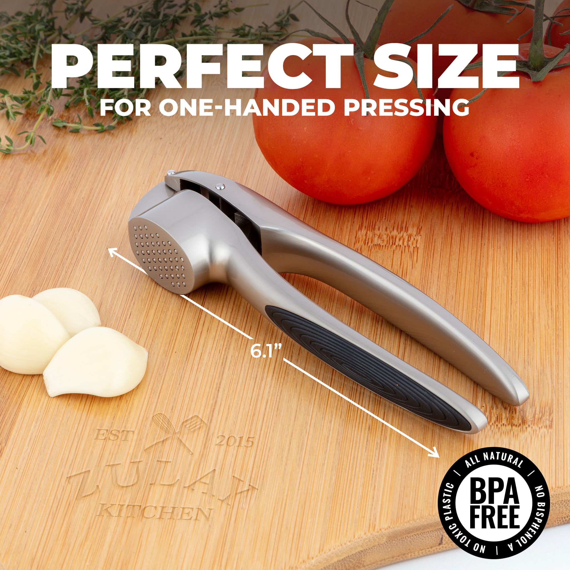 Zulay Kitchen Premium Garlic Press Set - Rust Proof Professional Garlic Mincer Tool - Easy-Squeeze, Easy-Clean with Soft, Ergonomic Handle - Silicone Garlic Peeler & Brush (Silver)