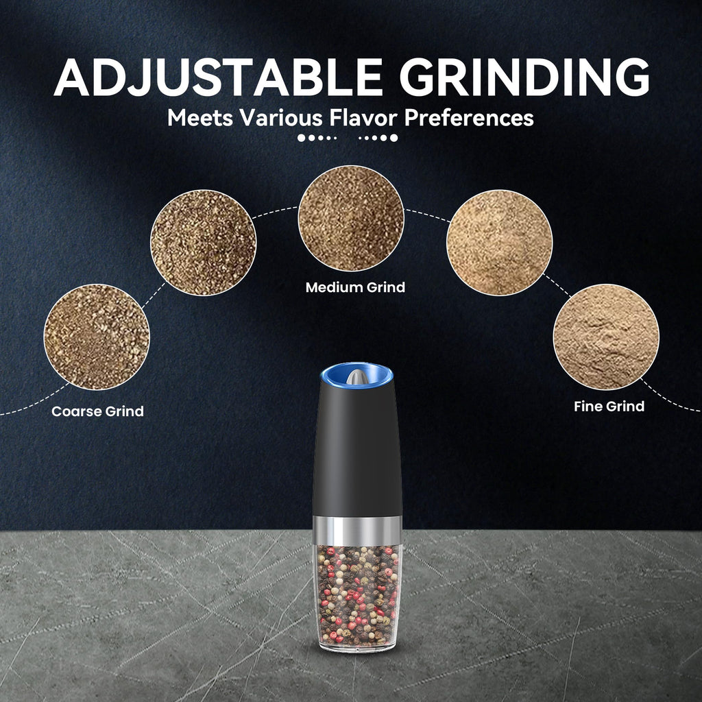 UNNEES Gravity Electric Salt and Pepper Grinder set of 2, Automatic Salt And Pepper Grinder Set, Adjustable Roughness, Battery Powered, LED Light, 2 Pack, (Black)