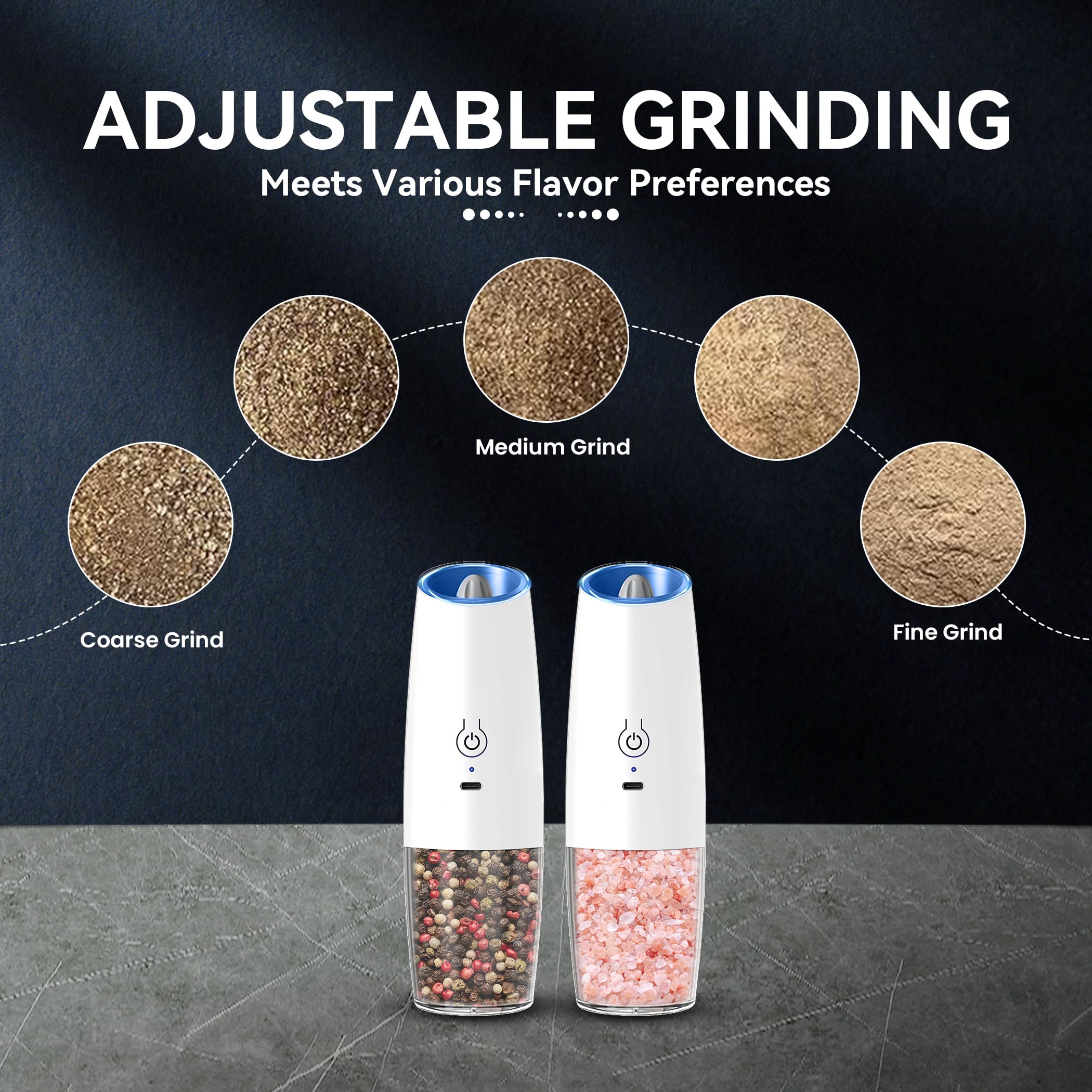 UNNEES Gravity Electric Salt and Pepper Grinder set of 2, Automatic Salt And Pepper Grinder Set, Adjustable Roughness, Battery Powered, LED Light, 2 Pack, (Black)