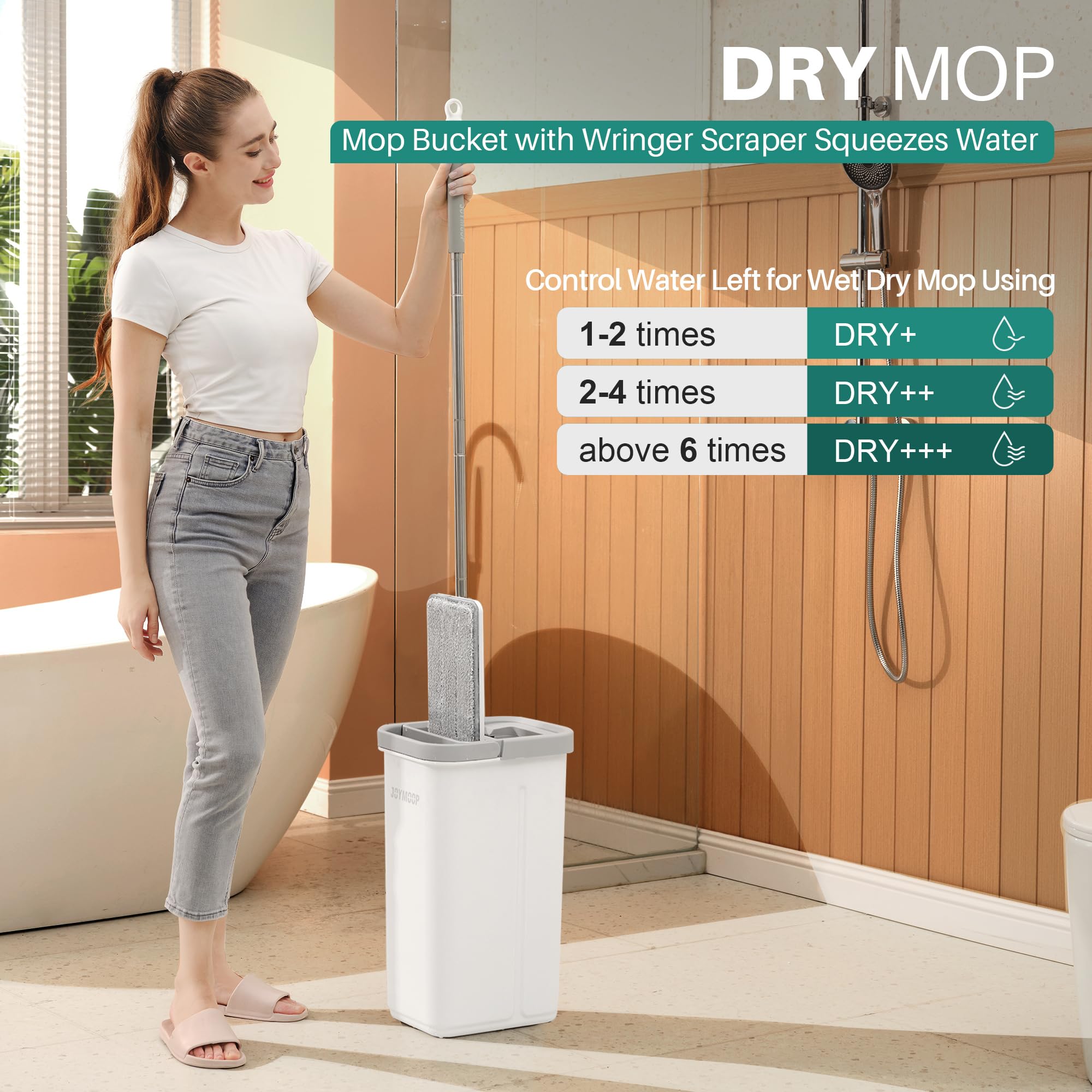 JOYMOOP Mop and Bucket Set, Flat Mops for Floor & Wall Cleaning, Commercial & Household Use, Hardwood Floor Mop with Long Handle & 4 Microfiber Pads