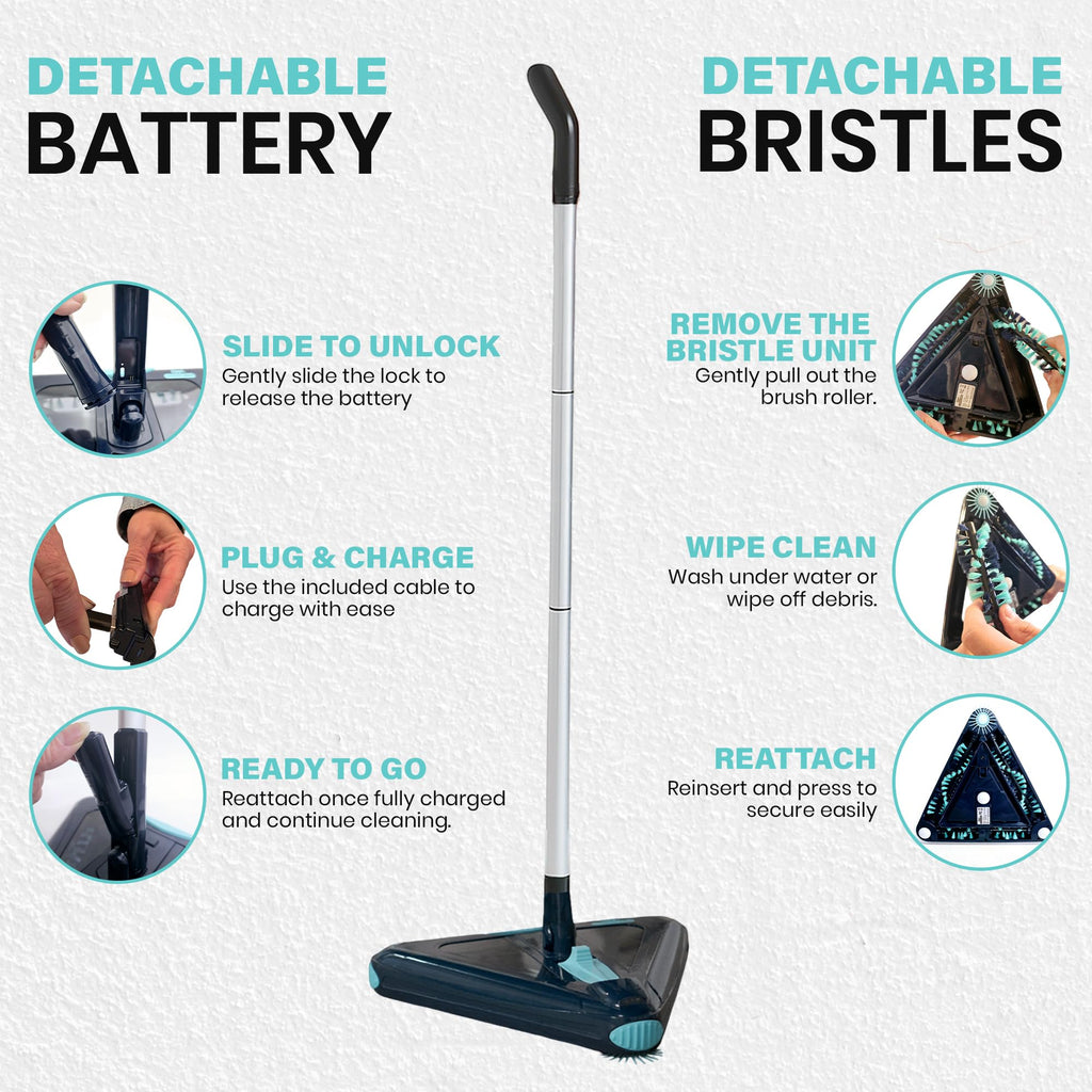 Zippi Sweeper Standard - 2025 New and Improved Lightweight Sweeper, Perfect for Short Carpet Hardwood and Tile, Triangular Design Allows for Sweeping in Corners, 30 Minutes Cleaning Time
