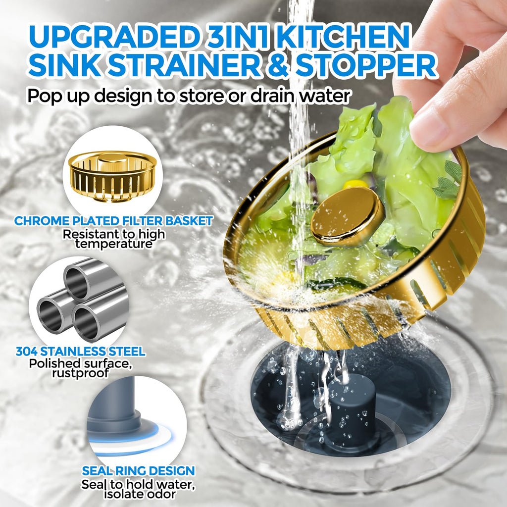 Sink Drain Strainer - Sink Stopper Kitchen Drain, 3 in 1 Kitchen Sink Drain Strainer with Anti-Clogging Basket, Kitchen Gadgets Clearance Sink Accessories, Fit US Standard 3-1/2'' Sink Hole, Silver