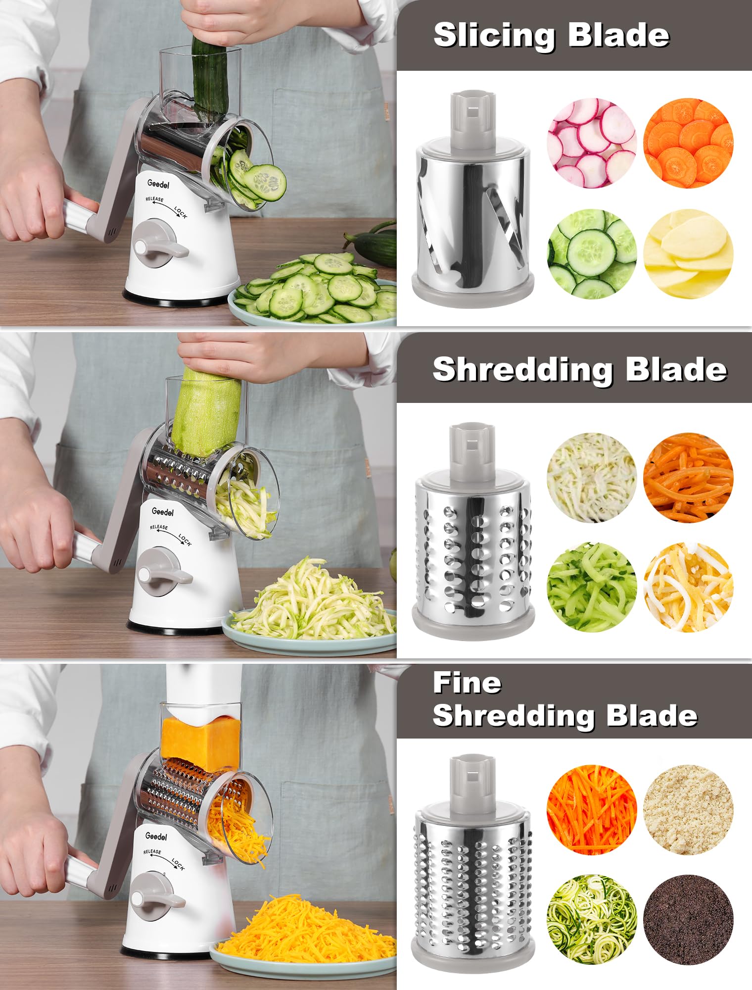 Geedel Rotary Cheese Grater, Kitchen Mandoline Vegetable Slicer with 3 Interchangeable Blades, Easy to Clean Grater for Fruit, Vegetables, Nuts