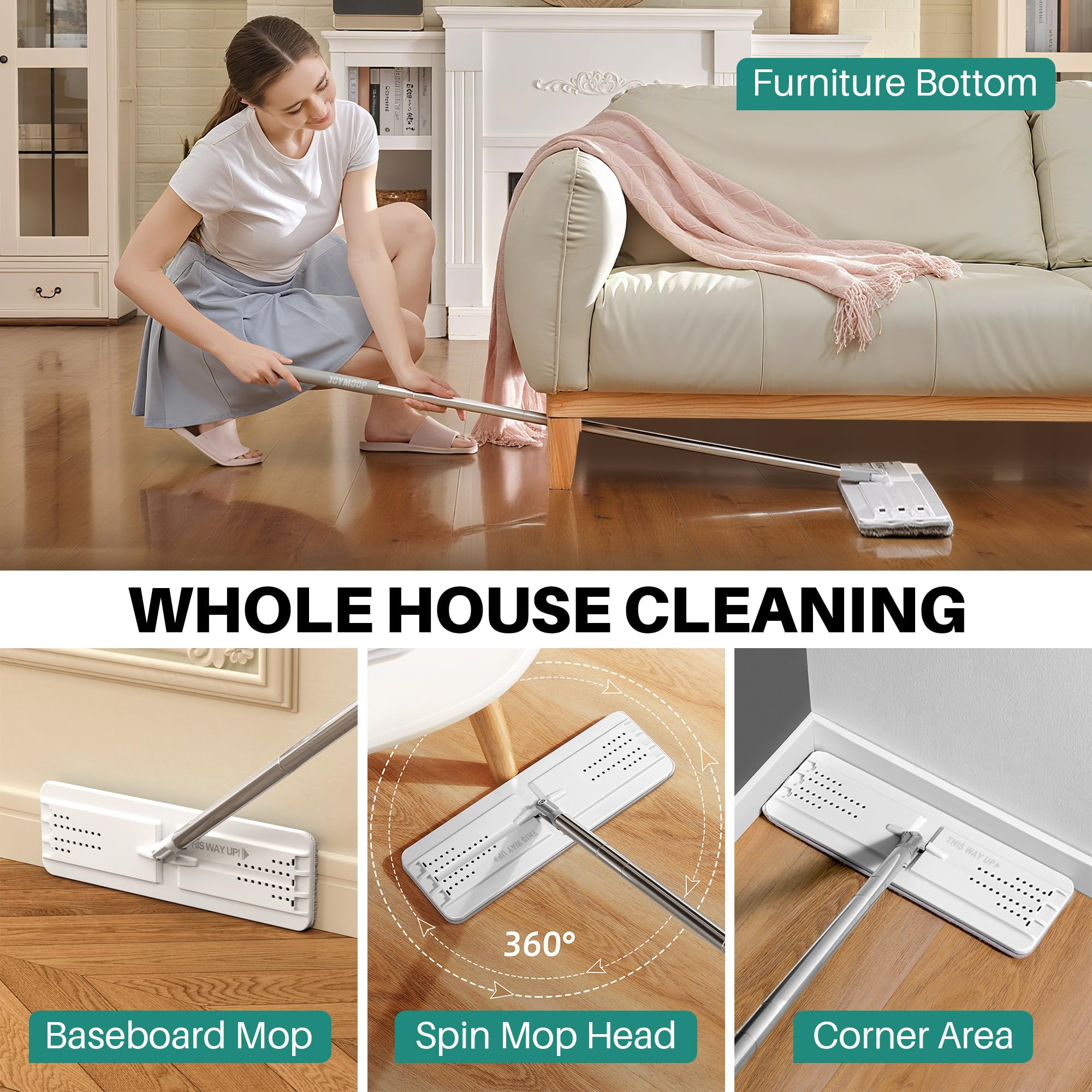 JOYMOOP Mop and Bucket Set, Flat Mops for Floor & Wall Cleaning, Commercial & Household Use, Hardwood Floor Mop with Long Handle & 4 Microfiber Pads