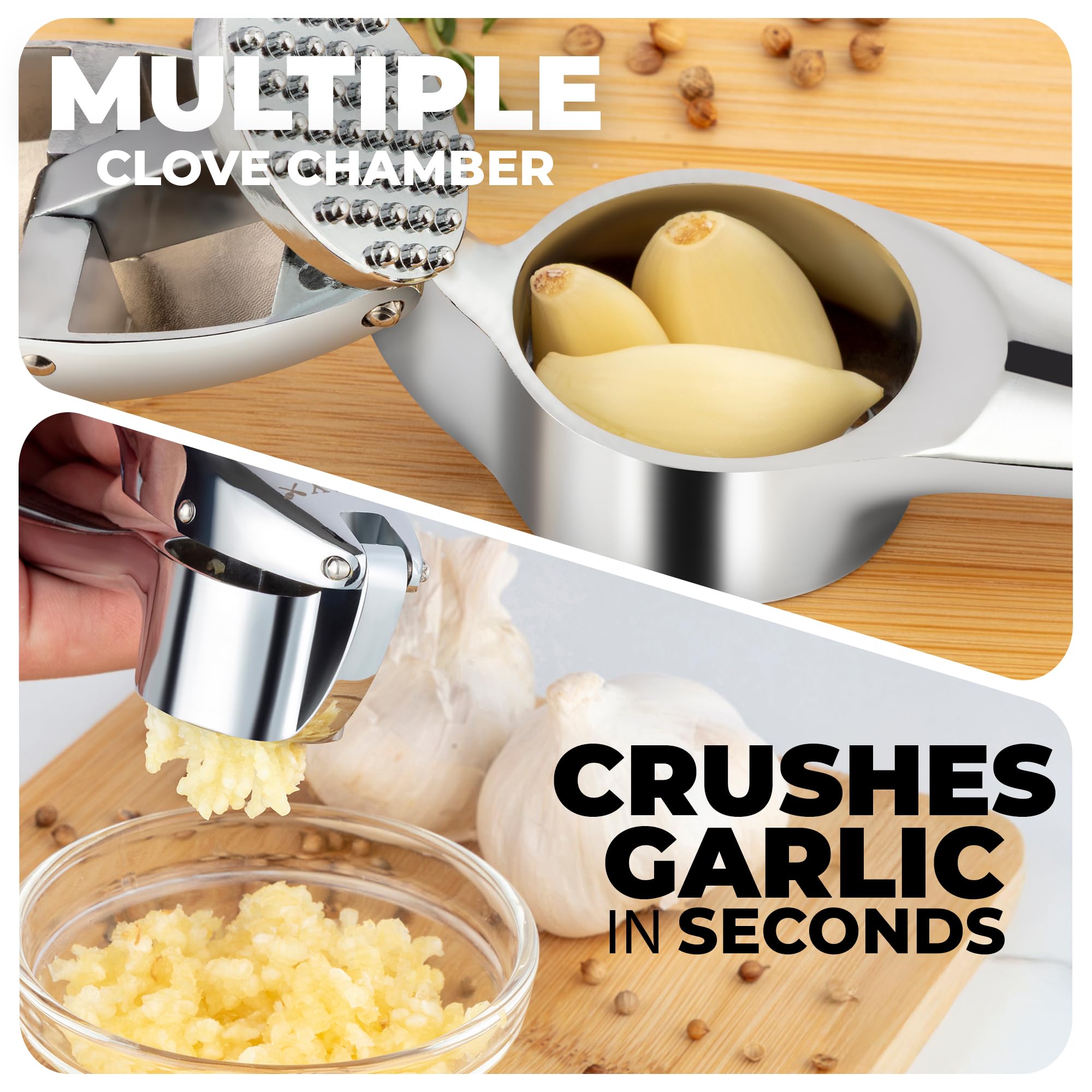Zulay Kitchen Premium Garlic Press Set - Rust Proof Professional Garlic Mincer Tool - Easy-Squeeze, Easy-Clean with Soft, Ergonomic Handle - Silicone Garlic Peeler & Brush (Silver)