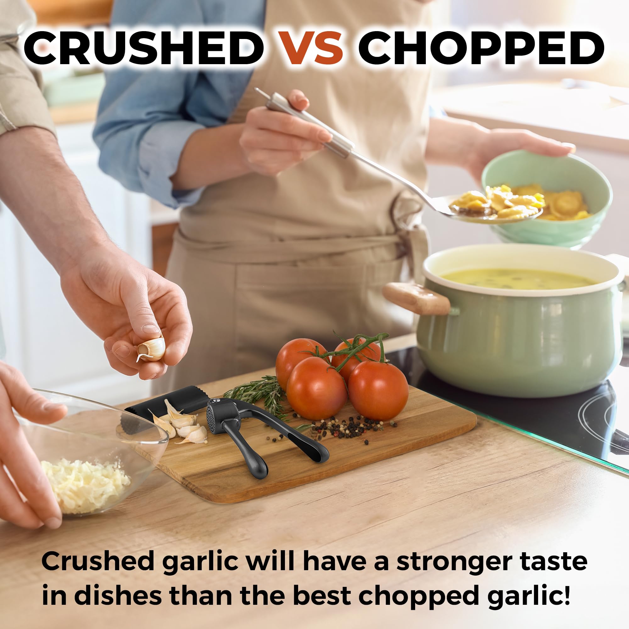 Zulay Kitchen Premium Garlic Press Set - Rust Proof Professional Garlic Mincer Tool - Easy-Squeeze, Easy-Clean with Soft, Ergonomic Handle - Silicone Garlic Peeler & Brush (Silver)