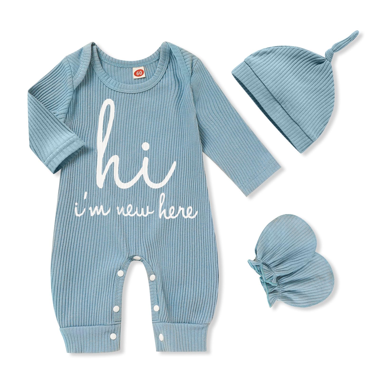 GRNSHTS Newborn Baby Boy Romper Coming Home Outfits Letter Print Bodysuit Jumpsuit+Hat+Gloves 3PCS Clothes Set