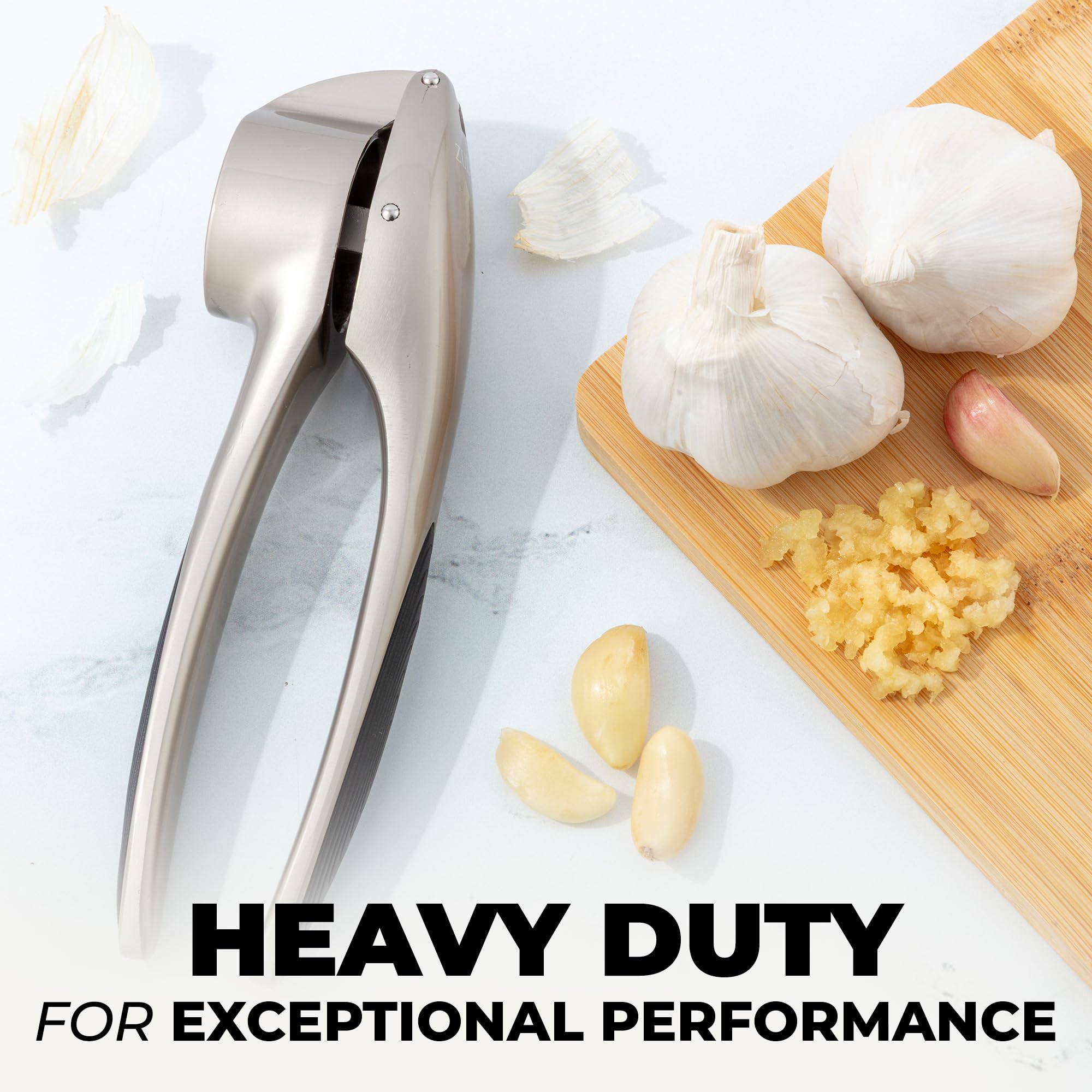 Zulay Kitchen Premium Garlic Press Set - Rust Proof Professional Garlic Mincer Tool - Easy-Squeeze, Easy-Clean with Soft, Ergonomic Handle - Silicone Garlic Peeler & Brush (Silver)