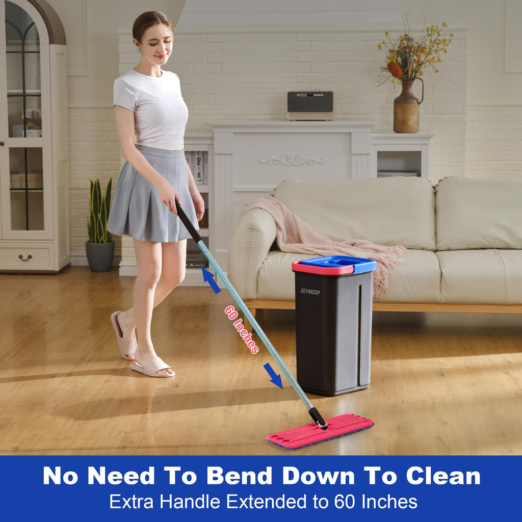 JOYMOOP Mop and Bucket Set, Flat Mops for Floor & Wall Cleaning, Commercial & Household Use, Hardwood Floor Mop with Long Handle & 4 Microfiber Pads