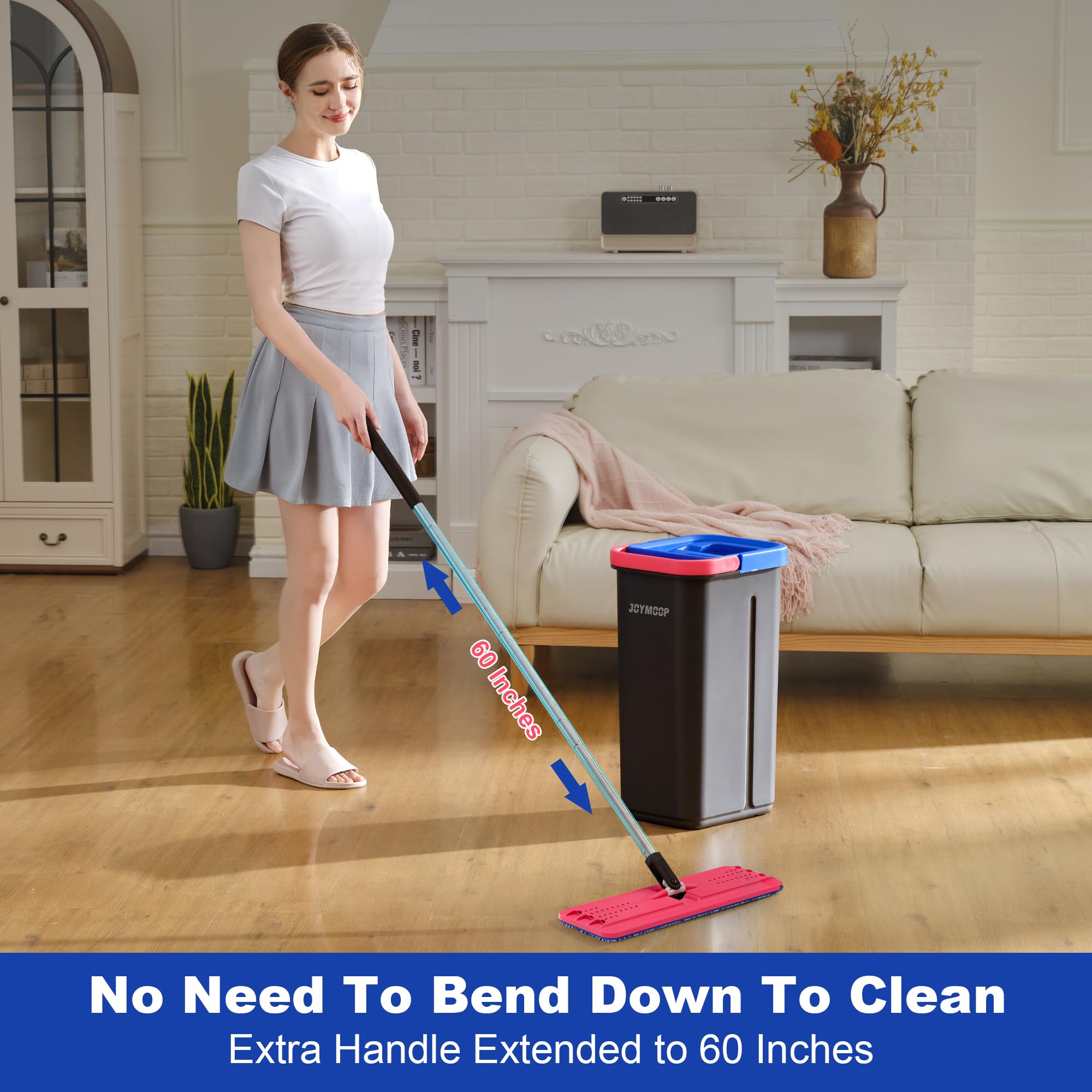 JOYMOOP Mop and Bucket Set, Flat Mops for Floor & Wall Cleaning, Commercial & Household Use, Hardwood Floor Mop with Long Handle & 4 Microfiber Pads