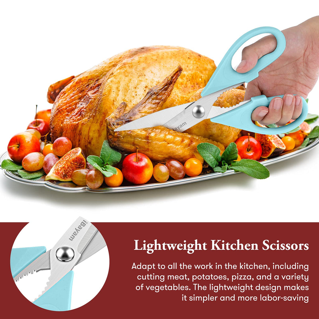 iBayam Kitchen Scissors All Purpose Heavy Duty 2 Pack with Protective Sheath, Stainless Steel Shears Kitchen Utensils Set for Cutting Food Cooking Meat Poultry Dishwasher Safe Soft Comfort-Grip