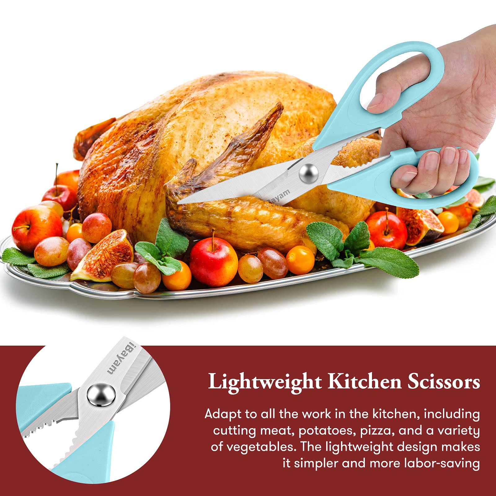 iBayam Kitchen Scissors All Purpose Heavy Duty 2 Pack with Protective Sheath, Stainless Steel Shears Kitchen Utensils Set for Cutting Food Cooking Meat Poultry Dishwasher Safe Soft Comfort-Grip
