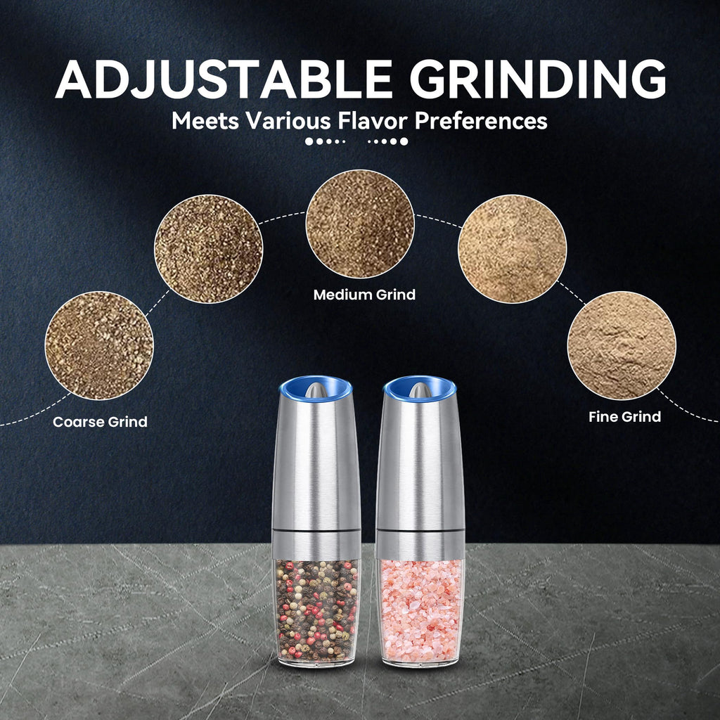 UNNEES Gravity Electric Salt and Pepper Grinder set of 2, Automatic Salt And Pepper Grinder Set, Adjustable Roughness, Battery Powered, LED Light, 2 Pack, (Black)