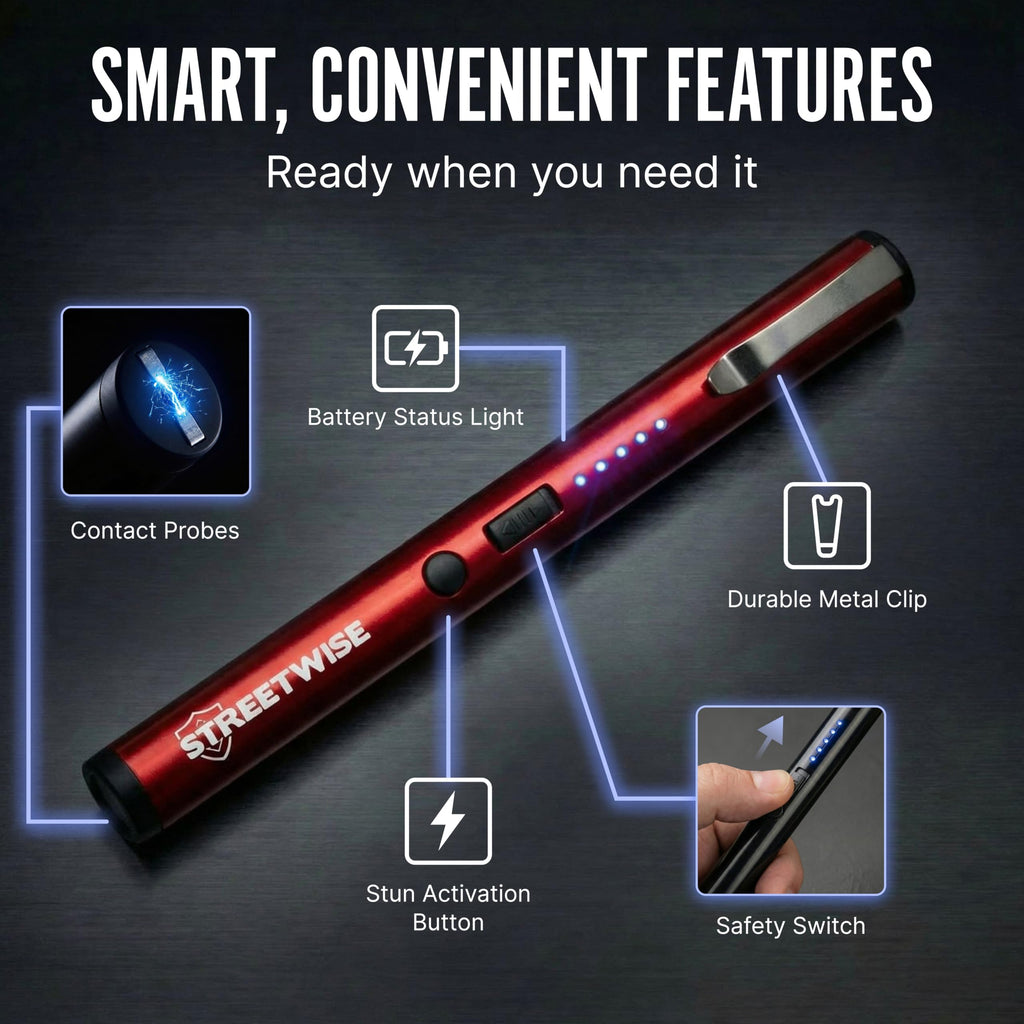 Streetwise Pain Pen 25,000,000 Volts Stun Gun for Self Protection - Tactical Stun Pen for Women and Men, USB Rechargeable, Battery Indicator, Durable Clip, Compact and Concealable for Protection