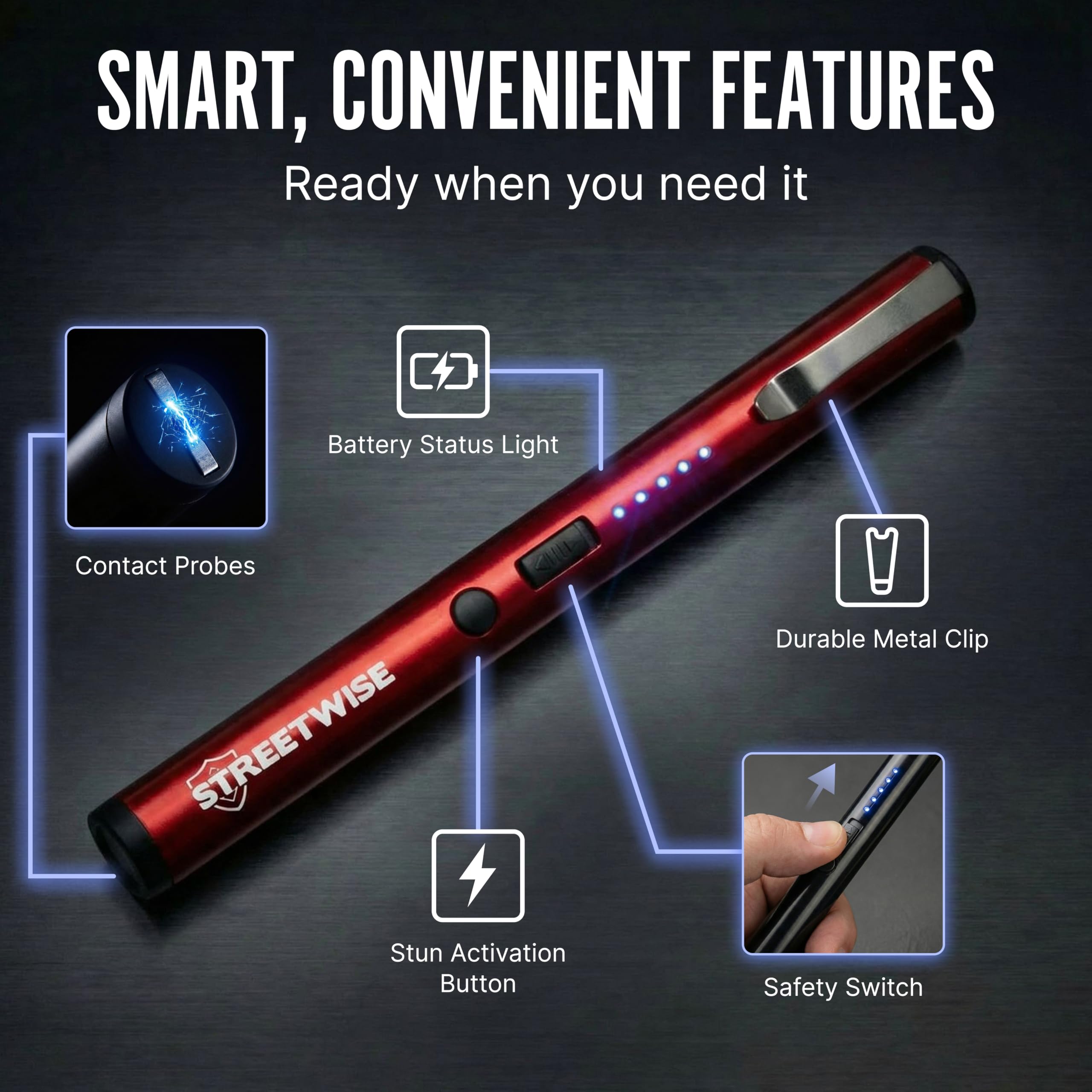 Streetwise Pain Pen 25,000,000 Volts Stun Gun for Self Protection - Tactical Stun Pen for Women and Men, USB Rechargeable, Battery Indicator, Durable Clip, Compact and Concealable for Protection