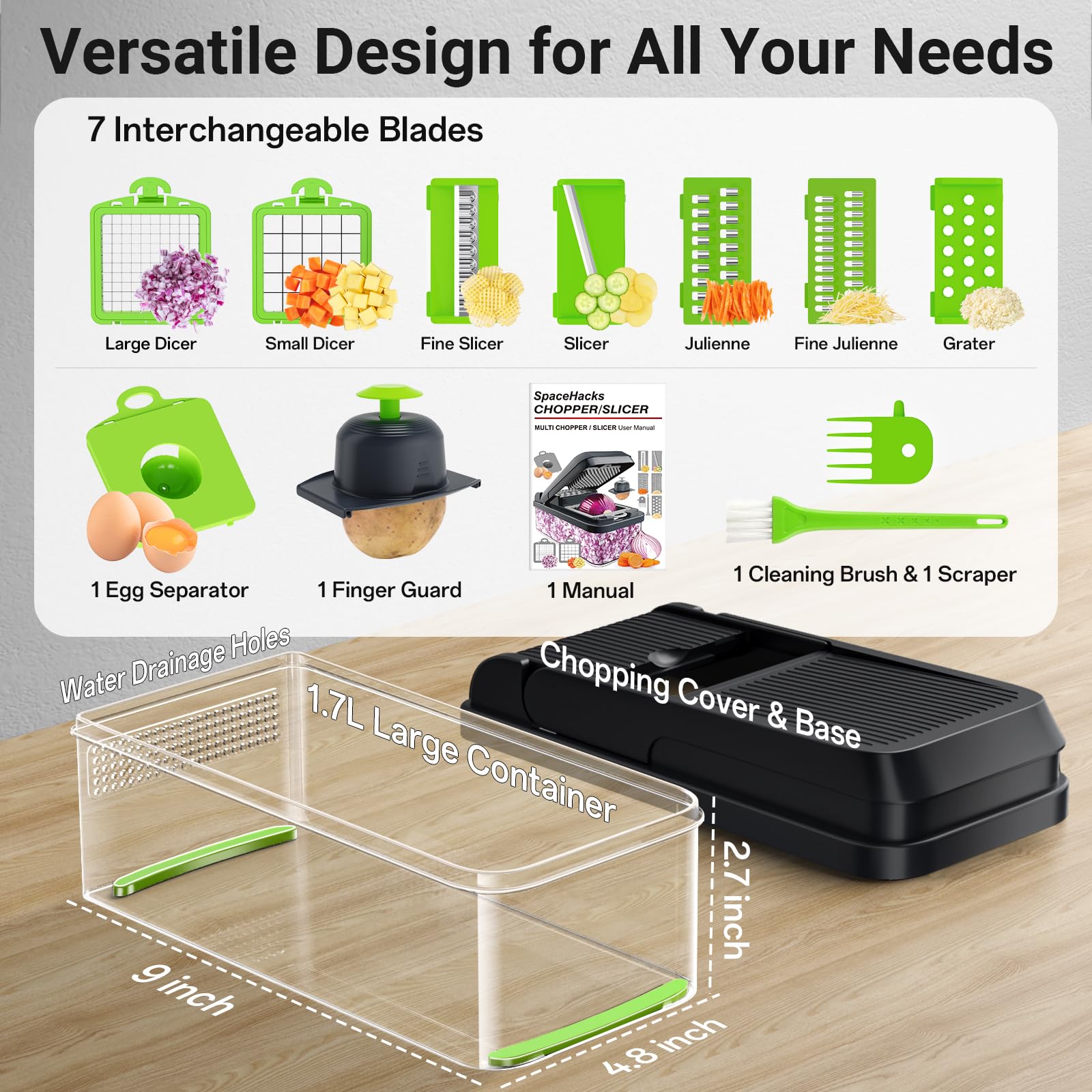 SpaceHacks 12-in-1 Vegetable Chopper, Kitchen Gadgets with 7 Blades, Veggie, Food, Onion Chopper, Cucumber Slicer, Versatile Mandoline, Includes Egg Separator & Finger Guard, Gray
