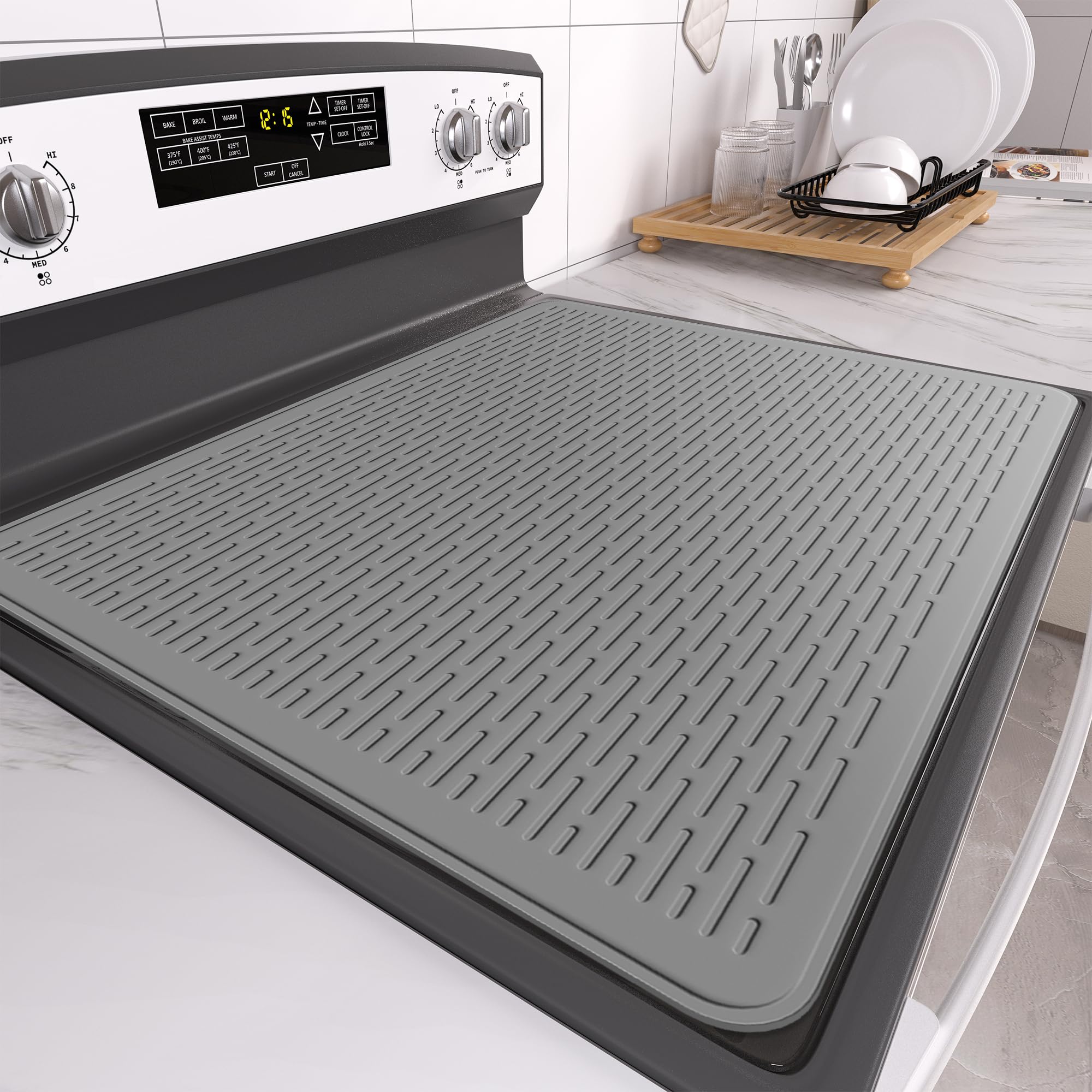 Stove Top Cover for Electric Stove- Range Covers for Electric Stove,Silicone XXL Dish Drying Mat, Glass Cooktop Covers, Flat RV Range top Mats (Black, 28"x20")