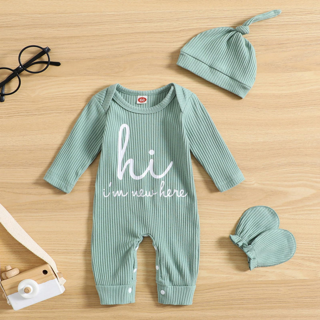 GRNSHTS Newborn Baby Boy Romper Coming Home Outfits Letter Print Bodysuit Jumpsuit+Hat+Gloves 3PCS Clothes Set