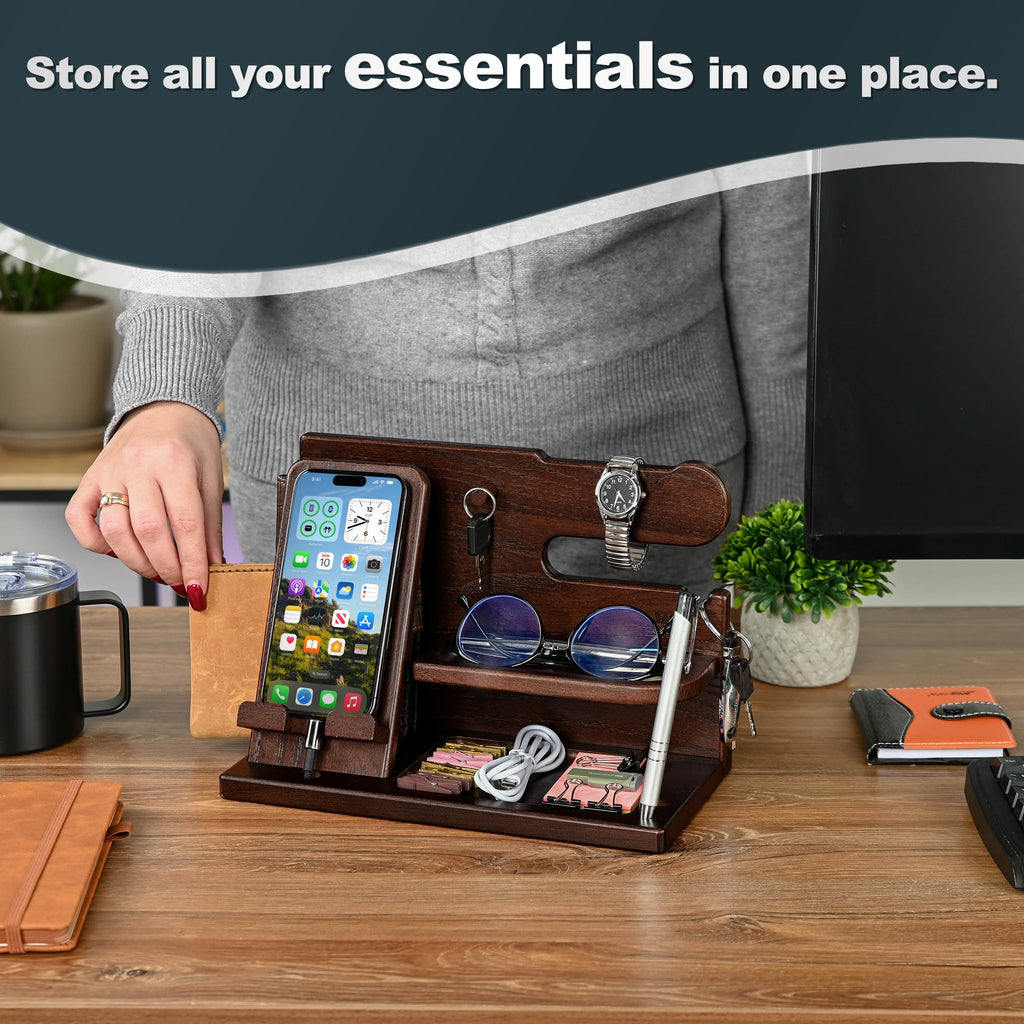 TESLYAR Wood Phone Docking Station for Men - Desk or Nightstand Organizer - Birthday Gifts for Husband, Dad - Anniversary Idea from Wife - Key Holder, Stand Wallet, Watch & Essentials (Bourbon Brown)
