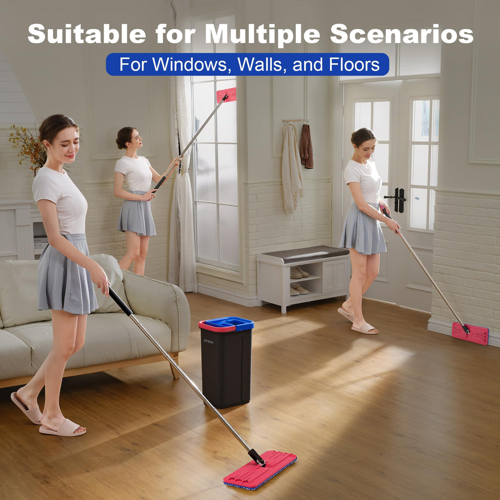 JOYMOOP Mop and Bucket Set, Flat Mops for Floor & Wall Cleaning, Commercial & Household Use, Hardwood Floor Mop with Long Handle & 4 Microfiber Pads