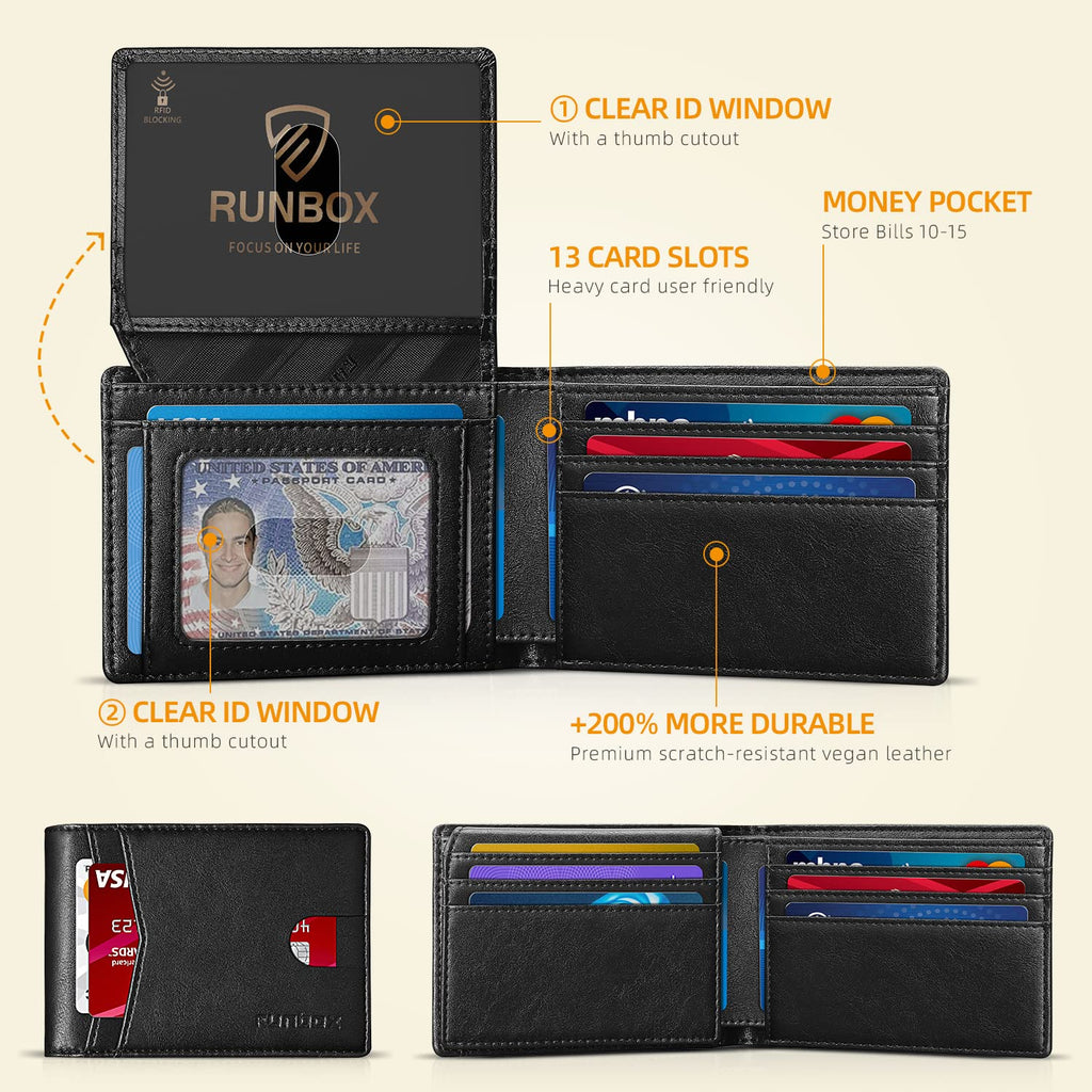 RUNBOX Wallet for Men Slim Rfid Leather 2 ID Window With Gift Box | Slim, Rfid, 2 ID Window, With Gift Box, Slim, Rfid