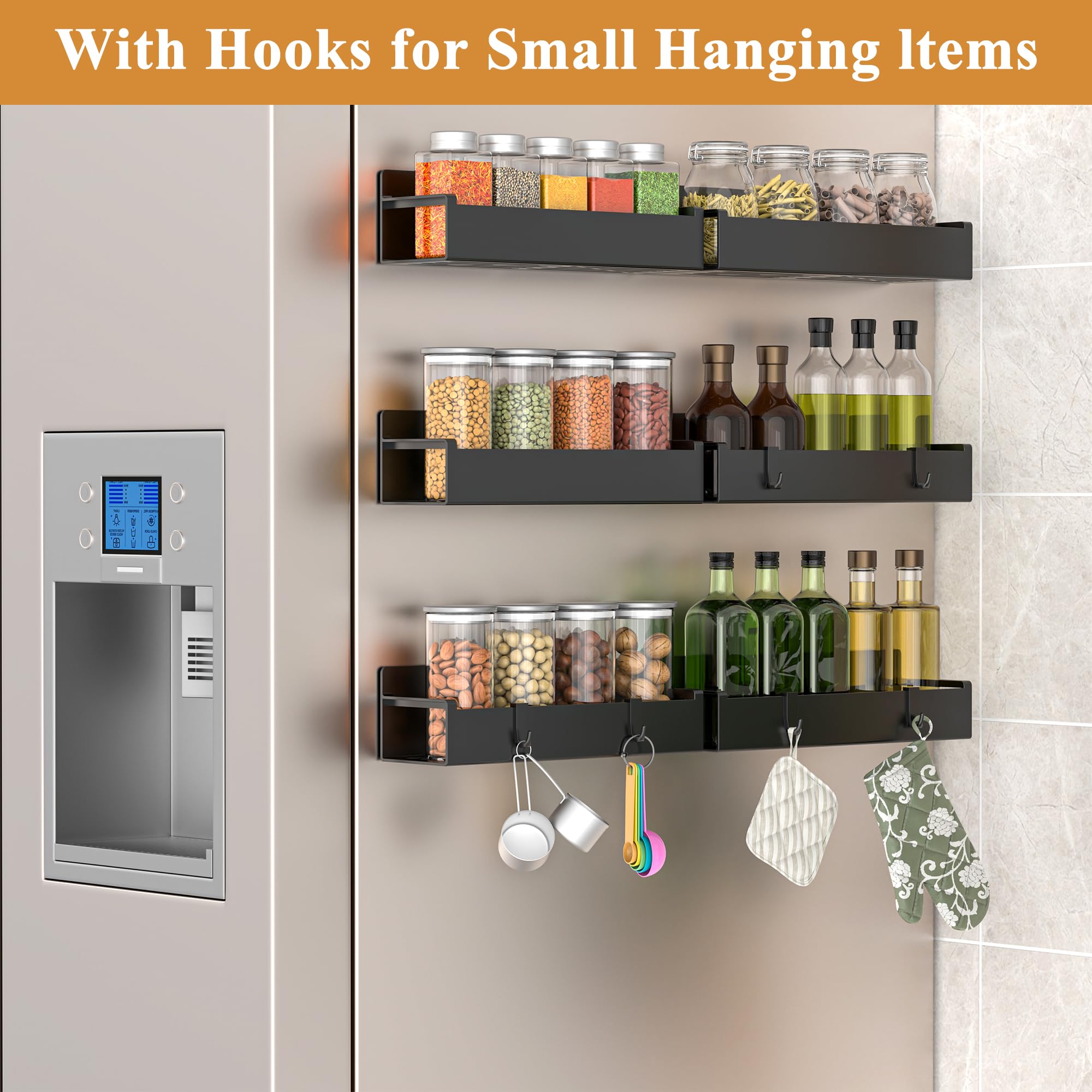 HuggieGems 4 Pack Magnetic Spice Rack Organizer for Refrigerator and Oven, Black Fridge Organizers and Storage for Kitchen