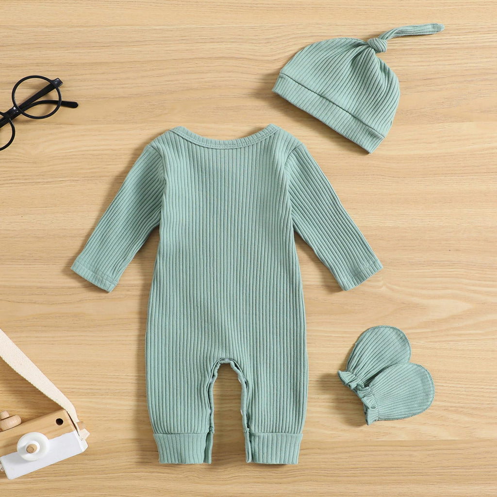 GRNSHTS Newborn Baby Boy Romper Coming Home Outfits Letter Print Bodysuit Jumpsuit+Hat+Gloves 3PCS Clothes Set