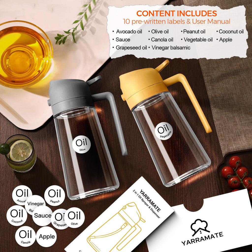 YARRAMATE 16oz/470ml Glass Olive Oil Sprayer for Cooking with Stickers, 2 in 1 Oil Dispenser for Kitchen Gadgets, Food Grade Premium Spray Bottle with Portion Control for Salad, Frying, BBQ (Black)