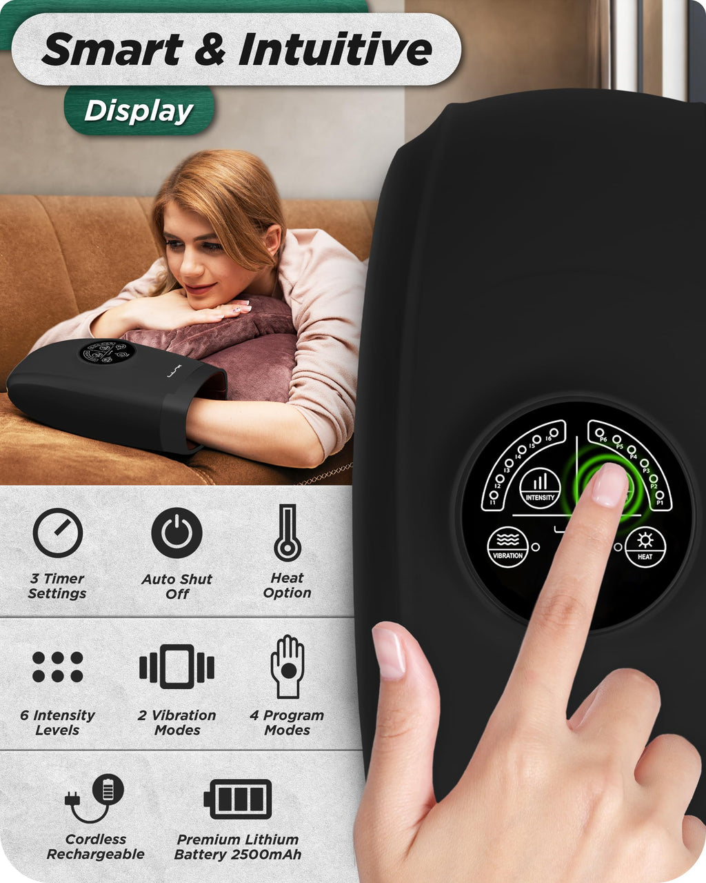 Lunix LX3 FSA Carpal Tunnel & Wrist Pain Relief Device, Heated Air Compression Hand Massager Machine for Arthritis & Finger Numbness, Cordless, Charcoal Black