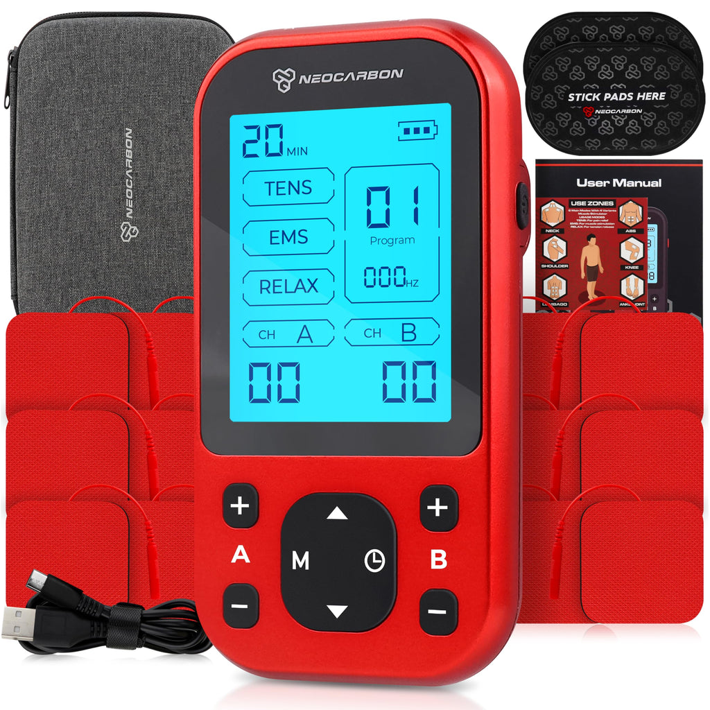 NEOCARBON TENS Unit Muscle Stimulator Pro for Back Pain Relief, Shoulder Recovery and Physical Therapy, Electronic EMS Massager Machine with PMS Pulse for Effective Shock Therapy, Red