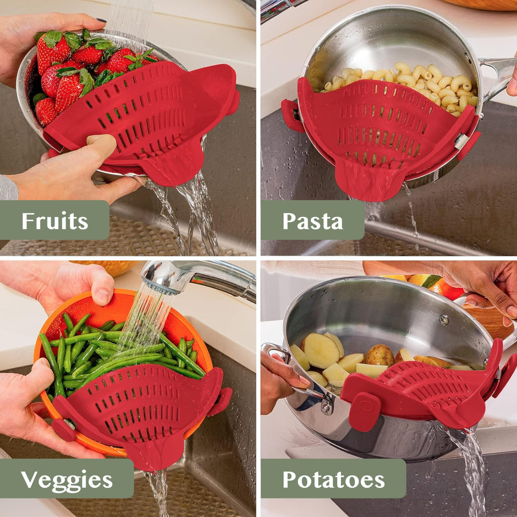 Kitchen Gizmo Snap N' Strain - Silicone Pasta Strainer Clip-On for Pots and Pans - Heat Resistant Colander for Vegetables and Noodles - Kitchen Gadgets for Cooking - Space-Saving Design - Gray