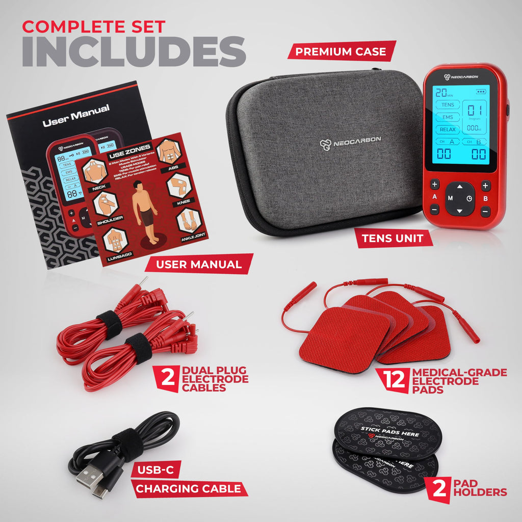 NEOCARBON TENS Unit Muscle Stimulator Pro for Back Pain Relief, Shoulder Recovery and Physical Therapy, Electronic EMS Massager Machine with PMS Pulse for Effective Shock Therapy, Red